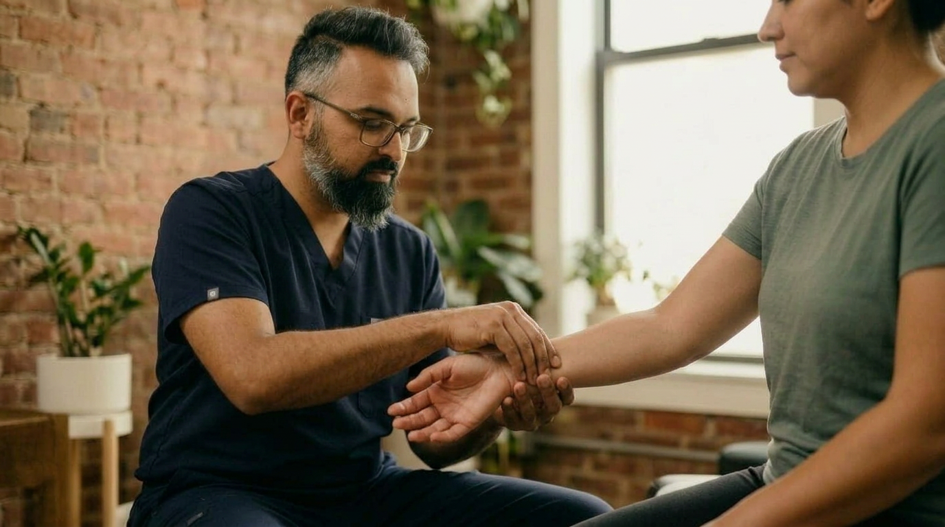 Edit this image: move the doctors hands DOWN toward the patients WRIST. The doctors hands must be on the WRIST joint itself — the joint that connects the hand to the forearm — NOT on the forearm and NOT near the elbow. Place both of the doctors hands directly on the patients WRIST, with thumbs pressing on the inner side of the WRIST (the volar side, where the median nerve crosses into the hand). The patients hand and fingers should be visible extending out beyond the doctors grip. Think of it as the doctor cradling and palpating the patients WRIST joint right where a watch would sit. Keep everything else exactly identical: same person, same beard and glasses, same dark navy scrubs, same patient, same patient gray shirt, same exposed brick wall, same warm lighting, same plants, same camera angle, same composition. No text.

quiet luxury, soft cinematic lighting, warm palette, professional, clean composition. gold and muted warm green color tones.

Do not include: cartoon, clipart, stock photo watermark, neon colors, face distortion, white coat, lab coat, doctor coat.