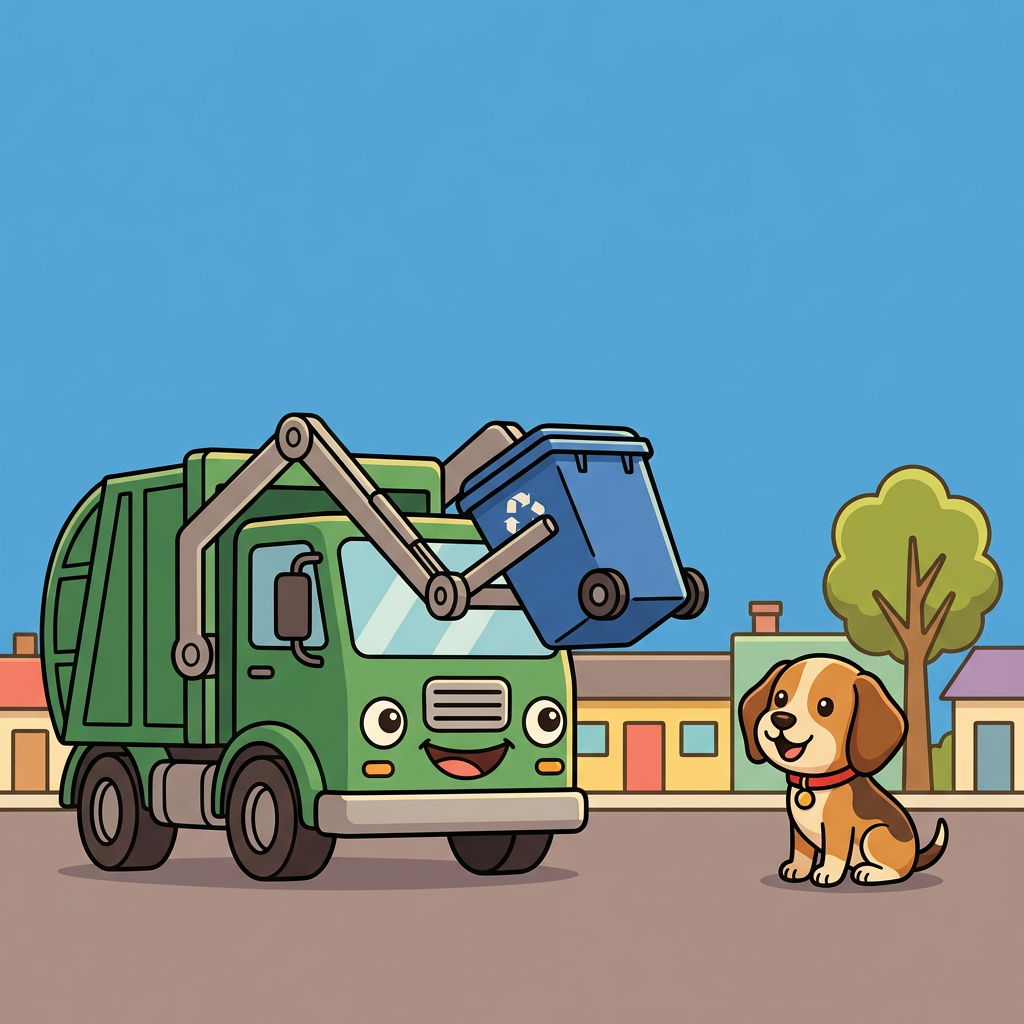 Bright cheerful full-color flat vector children picture book cover, SQUARE. The TOP THIRD is open plain blue sky with nothing in it. The BOTTOM FIFTH is a plain flat road with nothing on it. In the MIDDLE only: the SAME chibi beagle puppy named Scout from the reference image, brown and tan, red collar with small gold tag, sitting on the right; and a friendly green garbage truck lifting a blue recycling bin on the left. The truck face is from its own parts: round headlights are the eyes, front grille is a smiling mouth. Keep simple colorful row houses and one tree LOW so they do not reach the top sky. Absolutely NO text, NO words, NO letters. Bold clean black outlines, flat bright cheerful colors, professional toddler picture book art.
quiet luxury, soft cinematic lighting, warm palette, professional, clean composition. gold and muted warm green color tones.
Do not include: cartoon, clipart, stock photo watermark, neon colors, face distortion, white coat, lab coat, doctor coat.