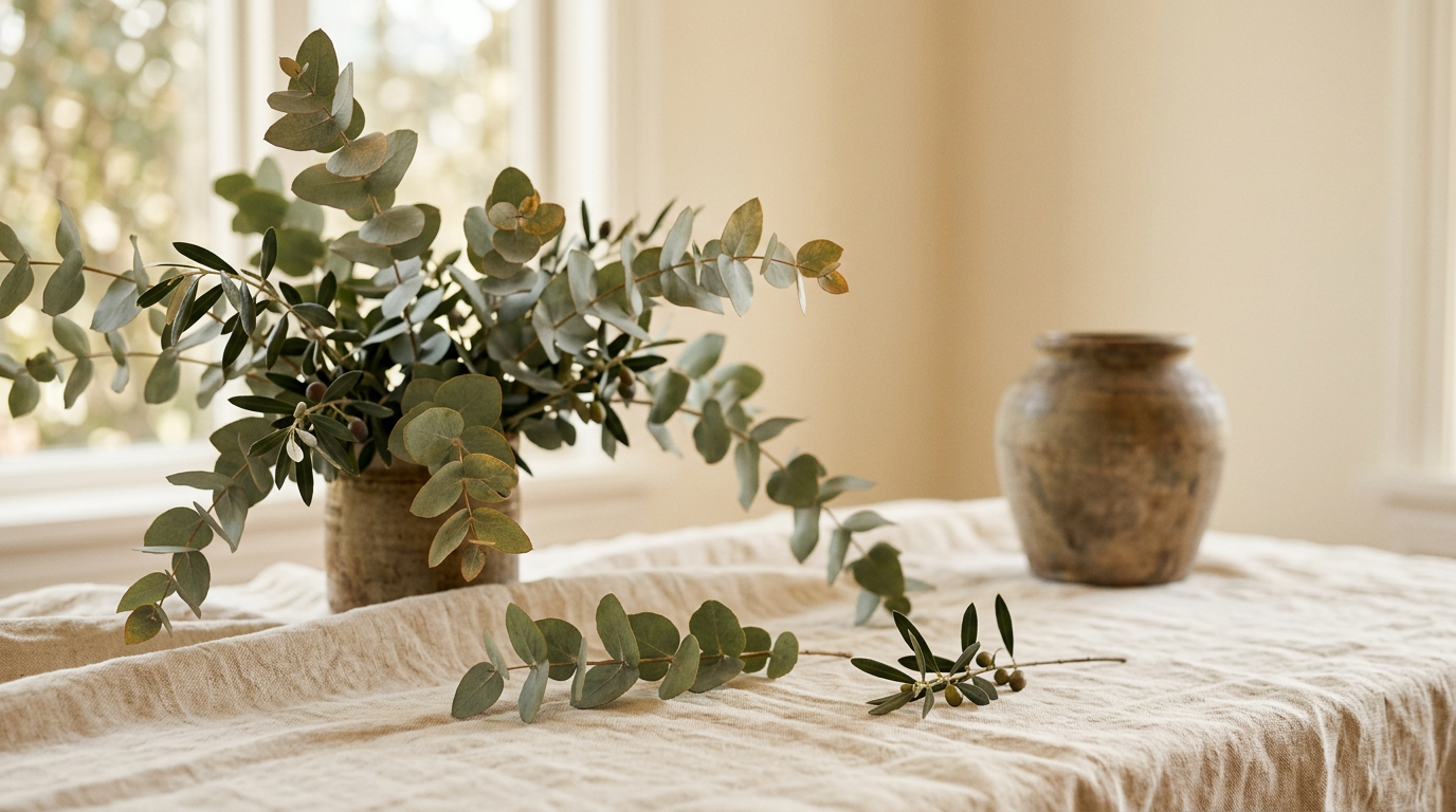 wide angle, landscape, no text, no signs, no writing, eucalyptus branches and olive sprigs arranged on warm cream linen fabric, soft natural window light flowing from the left, shallow depth of field, sage-green leaves with subtle warm-gold highlights, weathered ceramic vessel in soft focus, fine art still life photography, quiet luxury spa aesthetic, peaceful, organic, breathing room, muted earth tones

quiet luxury, soft cinematic lighting, warm palette, professional, clean composition. gold and muted warm green color tones.

Do not include: cartoon, clipart, stock photo watermark, neon colors, face distortion, white coat, lab coat, doctor coat.