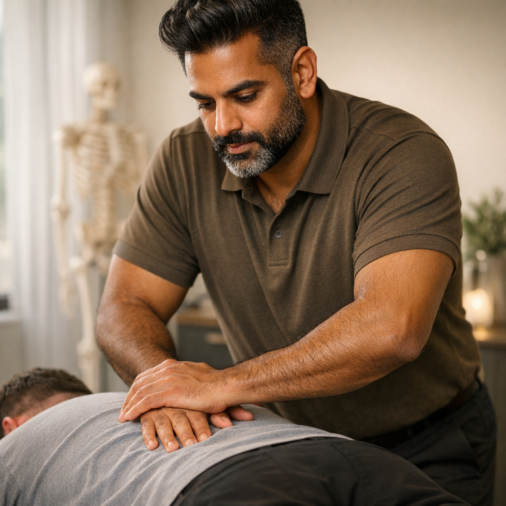 @DRP performing a chiropractic adjustment on a patients lower back in a bright modern clinic treatment room

[Character: drp]  Adult South Asian man with a medium-to-deep warm brown skin tone and a strong, professional
  appearance. Oval to slightly long face, with a broad forehead, high hairline, and a well-defined
  beard that gives the lower face a stronger, more angular shape. Dark black hair with visible gray
  at the temples and sides, worn short on the sides in a fade/taper and longer on top, styled upward
   and back in a clean, voluminous quiff/pompadour. Hairline sits a bit high, with slight recession
  at the temples. Thick, dark, straight to gently arched eyebrows. Dark brown, medium-sized,
  slightly deep-set eyes with a calm, focused look. Medium width nose, straight in profile, with a
  rounded tip. Medium fullness lips, lower lip slightly fuller. Full, connected beard and mustache,
  mostly black with noticeable gray/silver strands, especially at the cheeks, sideburn area, and
  chin. Beard is shorter and neater on the cheeks and fuller/longer at the chin. Strong and
  masculine jawline. Solid and broad-shouldered, medium-to-stocky frame. Upright, composed, and
  confident posture. Keep realistic skin texture, natural pores, subtle under-eye detail, and
  authentic salt-and-pepper facial hair. Do not make the face overly smooth or overly youthful.

Style: quiet luxury, soft cinematic lighting, warm palette, professional, clean composition. Colors: primary #7F6B2E, secondary #9BA17F. Typography: Bodoni Moda headings, Manrope body.

Avoid: cartoon, clipart, stock photo watermark, neon colors, face distortion