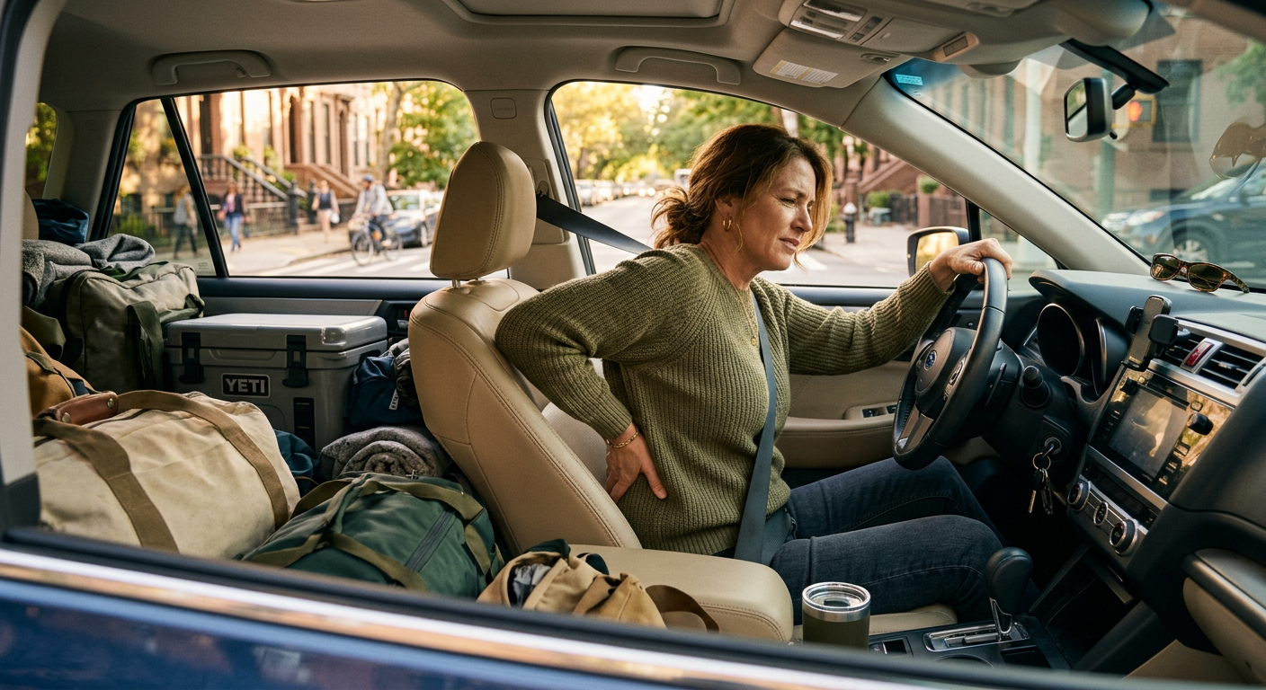 A person sitting in a car packing for a road trip, reaching back to touch their lower back. Car packed with bags and a cooler. Warm sunlight streaming in. Casual weekend travel vibe. Brooklyn street visible through windshield. Clean professional composition. High quality.

quiet luxury, soft cinematic lighting, warm palette, professional, clean composition. gold and muted warm green color tones.

Do not include: cartoon, clipart, stock photo watermark, neon colors, face distortion, white coat, lab coat, doctor coat.