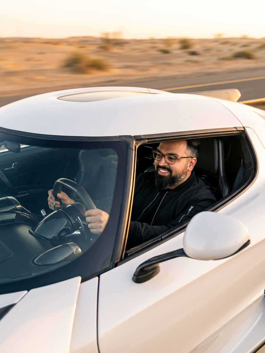 @drp Dr. Patel driving the fastest hypercar in the world, a sleek white Koenigsegg Jesko Absolut at speed, doors closed, shot through the side window showing him behind the wheel, hands on steering wheel, glasses, full dark black beard, dark black pompadour hair, confident grin, black casual bomber jacket, carbon fiber cockpit interior, motion blur desert highway background, golden hour light, photorealistic professional automotive photography, no white coat, no text, no signs, no writing

Dr. Patel is depicted as:  Adult South Asian man with a medium-to-deep warm brown skin tone and a strong, professional
  appearance. Oval to slightly long face, with a broad forehead, high hairline, and a well-defined
  beard that gives the lower face a stronger, more angular shape. Dark black hair with visible gray
  at the temples and sides, worn short on the sides in a fade/taper and longer on top, styled upward
   and back in a clean, voluminous quiff/pompadour. Hairline sits a bit high, with slight recession
  at the temples. Thick, dark, straight to gently arched eyebrows. Dark brown, medium-sized,
  slightly deep-set eyes with a calm, focused look. Medium width nose, straight in profile, with a
  rounded tip. Medium fullness lips, lower lip slightly fuller. Full, connected beard and mustache,
  mostly black with noticeable gray/silver strands, especially at the cheeks, sideburn area, and
  chin. Beard is shorter and neater on the cheeks and fuller/longer at the chin. Strong and
  masculine jawline. Solid and broad-shouldered, medium-to-stocky frame. Upright, composed, and
  confident posture. Keep realistic skin texture, natural pores, subtle under-eye detail, and
  authentic salt-and-pepper facial hair. Do not make the face overly smooth or overly youthful..

quiet luxury, soft cinematic lighting, warm palette, professional, clean composition. gold and muted warm green color tones.

Do not include: cartoon, clipart, stock photo watermark, neon colors, face distortion, white coat, lab coat, doctor coat.