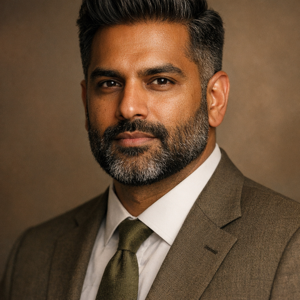 professional headshot of @drp

[Character: drp]  Adult South Asian man with a medium-to-deep warm brown skin tone and a strong, professional
  appearance. Oval to slightly long face, with a broad forehead, high hairline, and a well-defined
  beard that gives the lower face a stronger, more angular shape. Dark black hair with visible gray
  at the temples and sides, worn short on the sides in a fade/taper and longer on top, styled upward
   and back in a clean, voluminous quiff/pompadour. Hairline sits a bit high, with slight recession
  at the temples. Thick, dark, straight to gently arched eyebrows. Dark brown, medium-sized,
  slightly deep-set eyes with a calm, focused look. Medium width nose, straight in profile, with a
  rounded tip. Medium fullness lips, lower lip slightly fuller. Full, connected beard and mustache,
  mostly black with noticeable gray/silver strands, especially at the cheeks, sideburn area, and
  chin. Beard is shorter and neater on the cheeks and fuller/longer at the chin. Strong and
  masculine jawline. Solid and broad-shouldered, medium-to-stocky frame. Upright, composed, and
  confident posture. Keep realistic skin texture, natural pores, subtle under-eye detail, and
  authentic salt-and-pepper facial hair. Do not make the face overly smooth or overly youthful.

Style: quiet luxury, soft cinematic lighting, warm palette, professional, clean composition. Colors: primary #7F6B2E, secondary #9BA17F. Typography: Bodoni Moda headings, Manrope body.

Avoid: cartoon, clipart, stock photo watermark, neon colors, face distortion