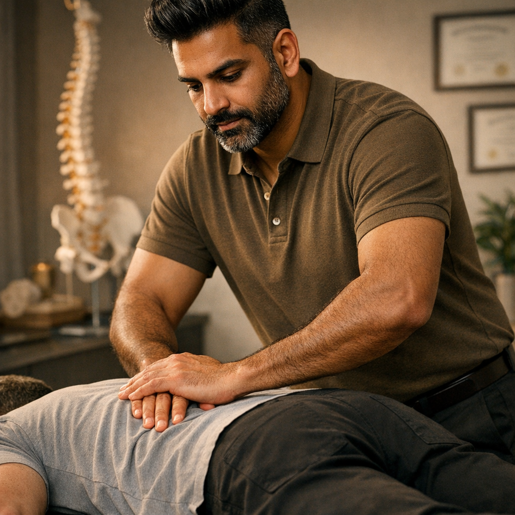 @DRP adjusting a patients lower back in a modern clinic

[Character: drp]  Adult South Asian man with a medium-to-deep warm brown skin tone and a strong, professional
  appearance. Oval to slightly long face, with a broad forehead, high hairline, and a well-defined
  beard that gives the lower face a stronger, more angular shape. Dark black hair with visible gray
  at the temples and sides, worn short on the sides in a fade/taper and longer on top, styled upward
   and back in a clean, voluminous quiff/pompadour. Hairline sits a bit high, with slight recession
  at the temples. Thick, dark, straight to gently arched eyebrows. Dark brown, medium-sized,
  slightly deep-set eyes with a calm, focused look. Medium width nose, straight in profile, with a
  rounded tip. Medium fullness lips, lower lip slightly fuller. Full, connected beard and mustache,
  mostly black with noticeable gray/silver strands, especially at the cheeks, sideburn area, and
  chin. Beard is shorter and neater on the cheeks and fuller/longer at the chin. Strong and
  masculine jawline. Solid and broad-shouldered, medium-to-stocky frame. Upright, composed, and
  confident posture. Keep realistic skin texture, natural pores, subtle under-eye detail, and
  authentic salt-and-pepper facial hair. Do not make the face overly smooth or overly youthful.

Style: quiet luxury, soft cinematic lighting, warm palette, professional, clean composition. Colors: primary #7F6B2E, secondary #9BA17F. Typography: Bodoni Moda headings, Manrope body.

Avoid: cartoon, clipart, stock photo watermark, neon colors, face distortion