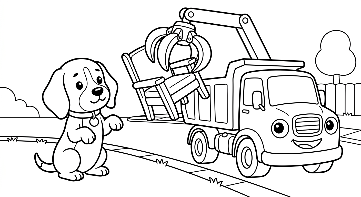 Black and white coloring book page for toddlers. The SAME chibi beagle puppy named Scout from the reference image, identical face and collar with the small round tag, sitting up and begging with front paws lifted, sitting up begging as the claw swings the old chair overhead, next to/with a grapple claw truck lifting a bulky old chair into its bed. The truck has a friendly face from its OWN parts: the round headlights are the eyes and the front grille is a smiling mouth, no cartoon eyes on the windshield. A simple scene with a curb, a fence, and one tree, no more than two or three background shapes, lots of white space. Clean SOLID bold black outlines, simple smooth rounded shapes, NO furry texture, pure white background, no shading, no gray, NO solid black fills anywhere, NO text or words or letters anywhere in the image, large open areas to color.
quiet luxury, soft cinematic lighting, warm palette, professional, clean composition. gold and muted warm green color tones.
Do not include: cartoon, clipart, stock photo watermark, neon colors, face distortion, white coat, lab coat, doctor coat.