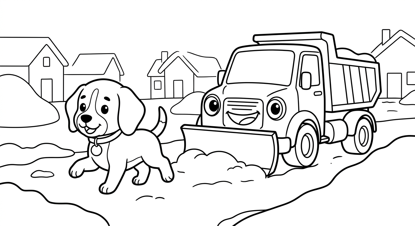 Black and white coloring book page for toddlers. The SAME chibi beagle puppy named Scout from the reference image, identical face and collar with the small round tag, trotting with one paw lifted, trotting through the snow behind the plow at nightfall, next to/with a snow plow sanitation truck clearing a neighborhood street. The truck has a friendly face from its OWN parts: the round headlights are the eyes and the front grille is a smiling mouth, no cartoon eyes on the windshield. A simple scene with two house outlines and snow piles, no more than two or three background shapes, lots of white space. Clean SOLID bold black outlines, simple smooth rounded shapes, NO furry texture, pure white background, no shading, no gray, NO solid black fills anywhere, NO text or words or letters anywhere in the image, large open areas to color.
quiet luxury, soft cinematic lighting, warm palette, professional, clean composition. gold and muted warm green color tones.
Do not include: cartoon, clipart, stock photo watermark, neon colors, face distortion, white coat, lab coat, doctor coat.