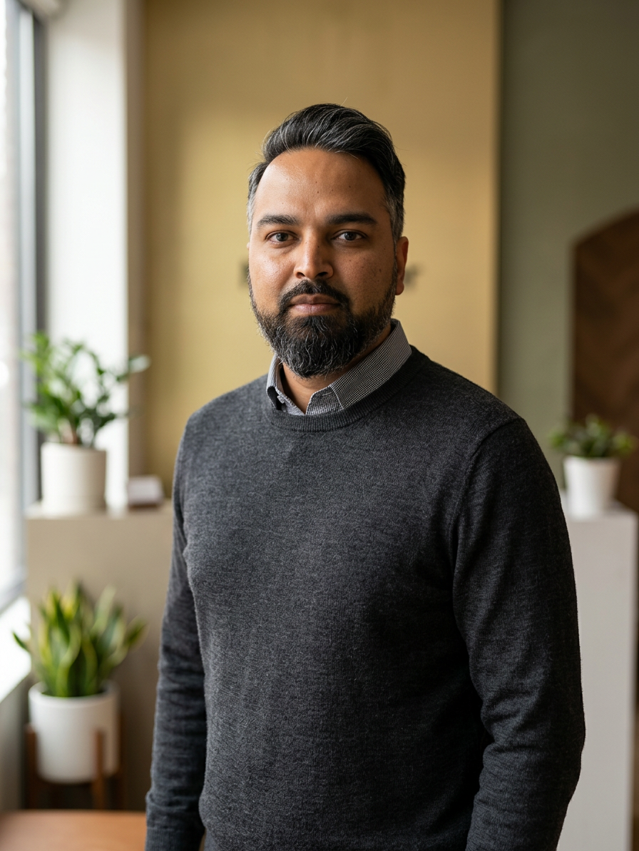 Portrait of Dr. Patel, chiropractor, standing in a warm modern Brooklyn clinic reception area, wearing a charcoal merino sweater over a button-down (NO white coat), natural window light from the left, editorial photography, shallow depth of field, Canon 85mm, calm confident expression, photo-realistic

Dr. Patel is depicted as:  Adult South Asian man with a medium-to-deep warm brown skin tone and a strong, professional
  appearance. Oval to slightly long face, with a broad forehead, high hairline, and a well-defined
  beard that gives the lower face a stronger, more angular shape. Dark black hair with visible gray
  at the temples and sides, worn short on the sides in a fade/taper and longer on top, styled upward
   and back in a clean, voluminous quiff/pompadour. Hairline sits a bit high, with slight recession
  at the temples. Thick, dark, straight to gently arched eyebrows. Dark brown, medium-sized,
  slightly deep-set eyes with a calm, focused look. Medium width nose, straight in profile, with a
  rounded tip. Medium fullness lips, lower lip slightly fuller. Full, connected beard and mustache,
  mostly black with noticeable gray/silver strands, especially at the cheeks, sideburn area, and
  chin. Beard is shorter and neater on the cheeks and fuller/longer at the chin. Strong and
  masculine jawline. Solid and broad-shouldered, medium-to-stocky frame. Upright, composed, and
  confident posture. Keep realistic skin texture, natural pores, subtle under-eye detail, and
  authentic salt-and-pepper facial hair. Do not make the face overly smooth or overly youthful..

quiet luxury, soft cinematic lighting, warm palette, professional, clean composition. gold and muted warm green color tones.

Do not include: cartoon, clipart, stock photo watermark, neon colors, face distortion, white coat, lab coat, doctor coat.