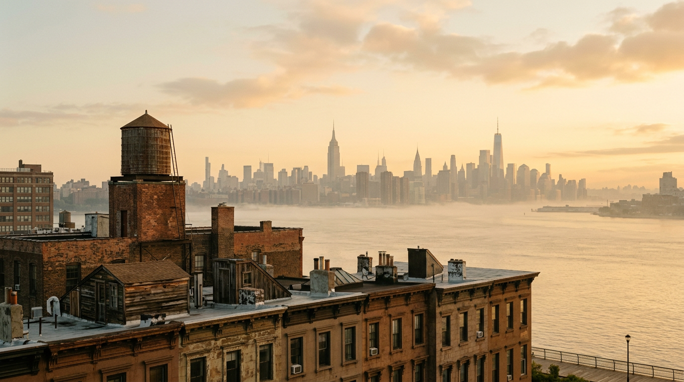 wide angle, landscape, no text, no signs, no writing, serene Brooklyn waterfront at golden dawn, soft morning mist over the East River, Manhattan skyline as a distant silhouette, warm honey-gold sunlight, weathered brownstone rooftops and a brick water tower in the foreground, fine art cinematic photography, quiet luxury aesthetic, muted sage and warm gold tones, peaceful, no people, no logos

quiet luxury, soft cinematic lighting, warm palette, professional, clean composition. gold and muted warm green color tones.

Do not include: cartoon, clipart, stock photo watermark, neon colors, face distortion, white coat, lab coat, doctor coat.