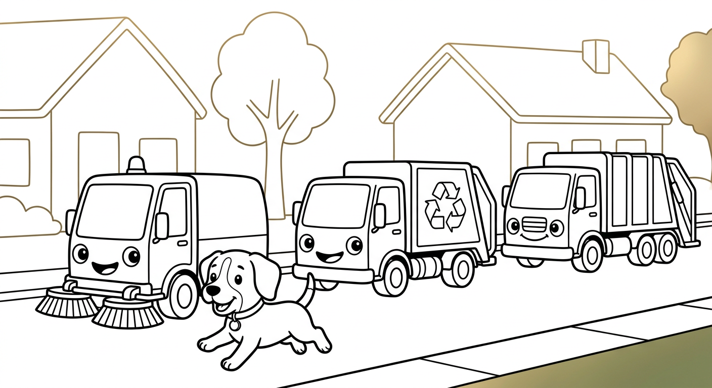Black and white coloring book page for toddlers. The SAME chibi beagle puppy named Scout from the reference image, identical face and collar with the small round tag, running with legs stretched out, running happily down the street past the whole team, next to/with a sweeper, a recycling truck, and a garbage truck working together on one street, each truck showing the same friendly headlight-eyes and grille-smile. The truck has a friendly face from its OWN parts: the round headlights are the eyes and the front grille is a smiling mouth, no cartoon eyes on the windshield. A simple scene with houses and one tree, no more than two or three background shapes, lots of white space. Clean SOLID bold black outlines, simple smooth rounded shapes, NO furry texture, pure white background, no shading, no gray, NO solid black fills anywhere, NO text or words or letters anywhere in the image, large open areas to color.
quiet luxury, soft cinematic lighting, warm palette, professional, clean composition. gold and muted warm green color tones.
Do not include: cartoon, clipart, stock photo watermark, neon colors, face distortion, white coat, lab coat, doctor coat.