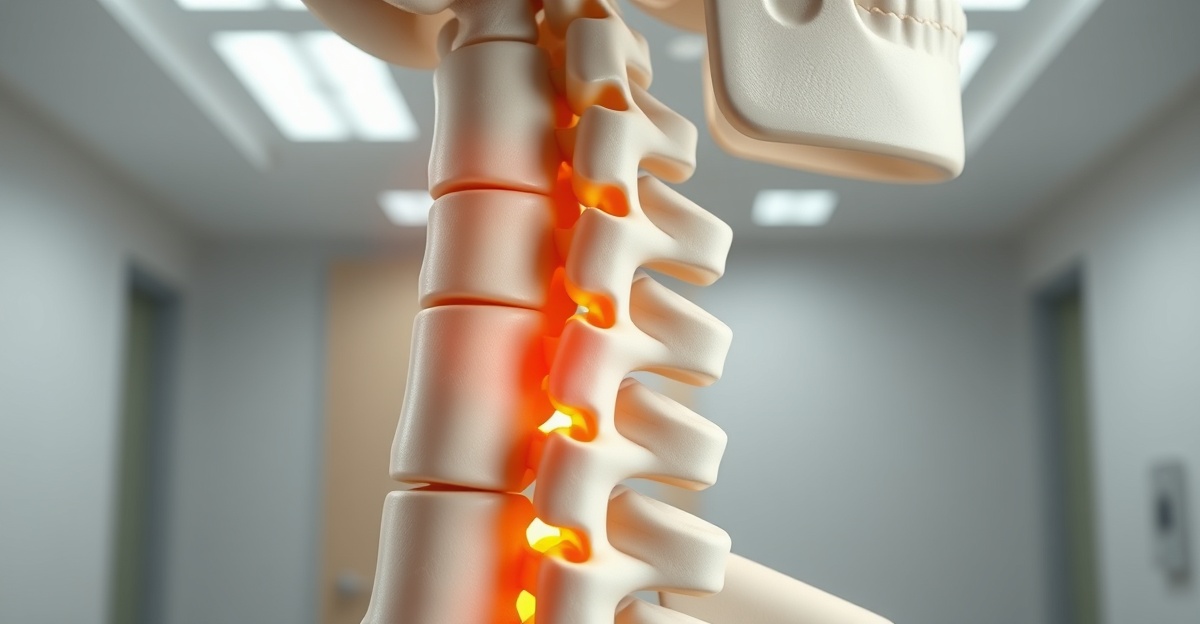 A high-end photorealistic anatomical teaching model of the lower cervical spine, shown in a clean lateral three-quarter cutaway view. Center the C4 through C7 vertebrae. Make the C5-C6 intervertebral disc clearly visible, with one small posterolateral disc bulge physically touching and slightly flattening a single bright yellow exiting nerve root at the neural foramen. The yellow nerve must be continuous, emerging from the spinal canal and extending outward toward the shoulder, with the exact pinch point plainly visible between the disc bulge and the bony opening. Add only a subtle localized warm red glow at that contact point. Accurate educational medical-model proportions, ivory vertebrae, pale blue-gray discs, yellow nerves, clean clinic background with shallow depth of field, wide horizontal blog hero. No skull, no people, no hands, no text, no labels, no arrows, no gore, no X-ray overlay, no generalized glow along the whole spine, no duplicated nerves, no floating anatomy, no extra vertebrae.
quiet luxury, soft cinematic lighting, warm palette, professional, clean composition. gold and muted warm green color tones.
Do not include: cartoon, clipart, stock photo watermark, neon colors, face distortion, white coat, lab coat, doctor coat.