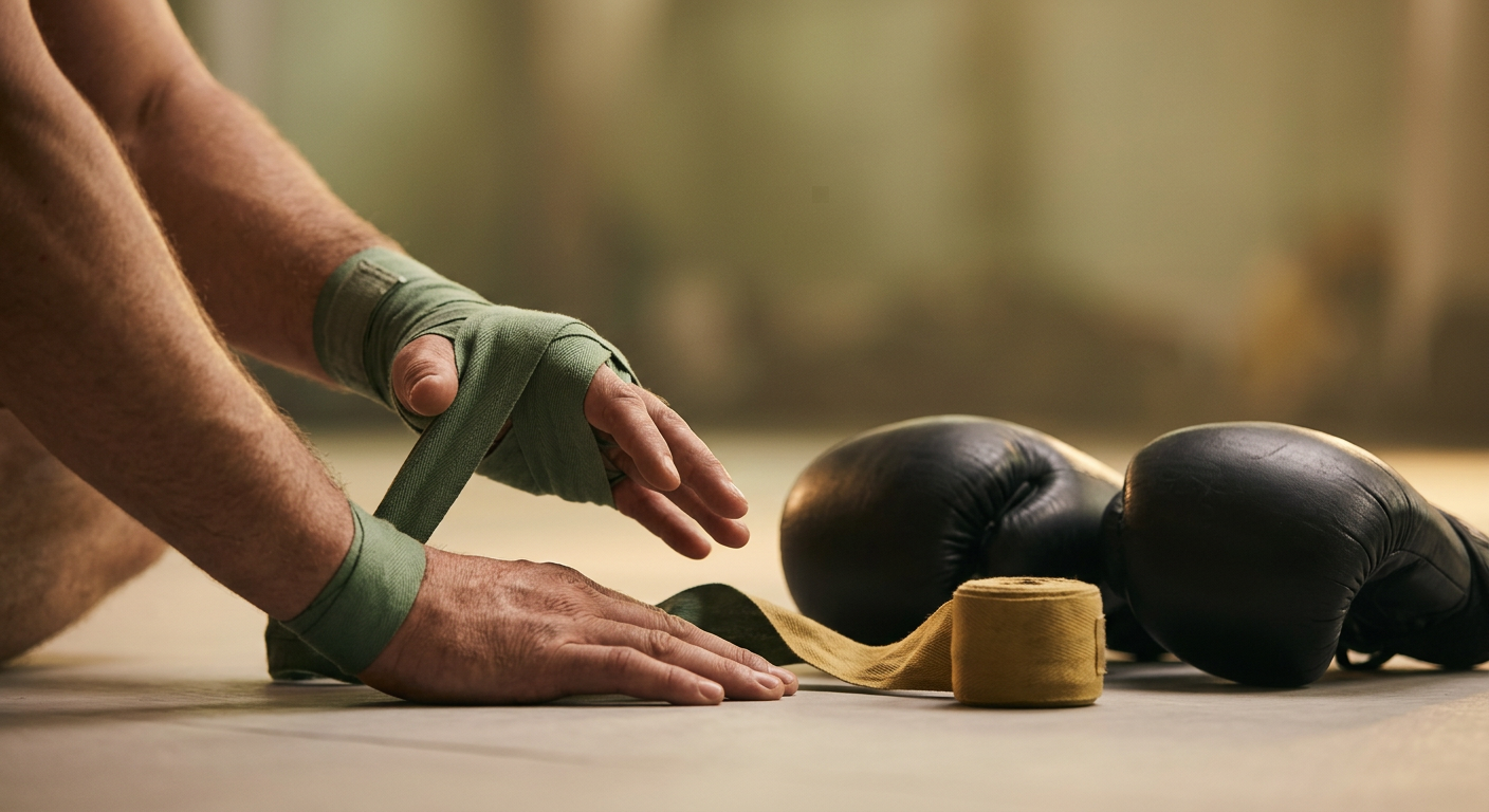 Blog hero image for a post about recovery for Muay Thai athletes. Tight close-up of an athlete wrapping their hands beside plain boxing gloves and hand wraps on a clean neutral bench or mat. Background should be soft, blurred, and generic, with no readable signs, no gym name, no logos, no identifiable interior architecture, and no location-specific details. No visible faces. No doctor. No patient treatment scene. No injury drama. Premium calm athletic editorial image with negative space for a blog header. Avoid distorted hands, extra fingers, text, signage, logos, watermarks, and fake medical props.

quiet luxury, soft cinematic lighting, warm palette, professional, clean composition. gold and muted warm green color tones.

Do not include: cartoon, clipart, stock photo watermark, neon colors, face distortion, white coat, lab coat, doctor coat.