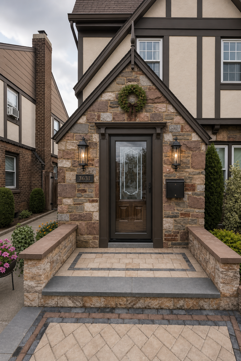 Architectural designer's photorealistic renovation visualization: EDIT the provided photograph of this exact Tudor Revival house. Preserve the photograph's perspective, real multicolored irregular stonework, steep triangular entrance gable and its finial, half-timbered upper facade, windows, original wood entry door behind the glazed dark storm door, stoop, side walls, neighboring houses and planting. Do not redesign the whole building, enlarge the door, replace masonry or invent a generic house. The redesign must be clearly visible but restrained and historically sympathetic.
RECOMMENDED DESIGN: Add a substantial new door surround painted deep warm espresso brown matching existing Tudor timber trim, NOT white or cream. Approximately 5-inch-wide flat vertical casings with a restrained narrow stepped/beaded inner molding, a roughly 7-inch-tall horizontal frieze across the top, and a slim shallow projecting cap molding. Add TWO small simple solid tapered wooden corbels beneath the ends of the projecting cap, one each side; no elaborate scrolls or classical columns. Keep the actual door opening and storm-door operation unobstructed. The cap is a compact horizontal feature above the door, NOT a new porch roof or new triangular pediment; keep existing stone gable trim and pointed finial intact. Leave generous visible stone between header and gable peak.
Replace the left wall light with TWO exactly matching 24-inch TOTAL HEIGHT traditional elongated blackened-bronze wall lanterns, including top and bottom details, with slender approximately 9-inch-wide clear-glass bodies, subtle warm-white light. Not tiny sconces and not giant bulky coach lights. Place them symmetrically on the stone panels left and right, with centers approximately 70 inches above the top landing, same mounting height. Each side has 39 inches of wall width before proposed casing; position lanterns centrally within remaining stone area and keep fixtures independent of the casing. Lantern tops sit below the new door cap.
Keep a single tasteful horizontal dark bronze house-number plaque below the LEFT wall lantern. Preserve existing digits exactly only if legible; otherwise leave an unobtrusive blank plaque rather than inventing numbers. Keep one replacement slim rectangular dark bronze wall-mounted mailbox below the RIGHT lantern, with practical lid and understated detailing; relocate vertically so its CENTER aligns approximately with plaque center, about 46-48 inches above the top landing, while keeping it accessible and clear of door hardware. Show no duplicate old fixtures. Address and mailbox should form a calm secondary horizontal alignment, not compete with lanterns.
One restrained natural green wreath approximately 20-22 inches diameter with a short dark-brown ribbon centered in the STONE FIELD ABOVE THE NEW DOOR CAP and below the triangular gable peak. Leave visible stone around it and a gap above the cap. Never hang on the pointed finial; never obscure the door or new molding. Do not stretch the gable to accommodate the wreath. Remove all four freestanding floor lanterns from the stoop so the entrance is uncluttered and walkable; retain existing stone sidewalls and landscaping. No extra planters on steps.
Reference measurements supplied by owner: 39 inches wall width each side, stoop-to-door measurement approximately 92.5 inches, and stoop to just beneath the pointed finial 136 inches. Approximate design visualization only, no printed dimensions. Show the whole original entrance and enough upper facade to demonstrate architectural compatibility. Bright soft daylight, realistic materials, subtle warm lantern glow. Residential Tudor design, no clinic branding, no people, no text overlays, no watermarks. Prioritize photo fidelity and visibly added dark surround/corbels with correctly larger 24-inch lanterns.
FINAL WHOLE-FACADE PAINT SCHEME — IMPORTANT NEW REQUIREMENT: Show enough of the EXISTING upper half-timbered facade from the supplied image to clearly see the repaint, without inventing upper stories or additional windows. Refinish every visible STUCCO infill panel in a warm limestone off-white inspired by Sherwin-Williams Shoji White SW 7042: soft light warm greige, not buttery yellow, stark white, gray-blue or pink. Retain authentic fine stucco texture but remove visible peeling as a finished-renovation visualization. Repaint all existing timber strips, gable trim, finial, fascia and new doorway surround in a consistent deep warm brown-charcoal inspired by Sherwin-Williams Black Fox SW 7020: visibly darker than original timber, satin low-gloss, not jet black or orange chocolate. This color specification supersedes the earlier espresso wording. Retain the warmth of the original natural wood door. Leave all existing multicolored NATURAL STONE AND MORTAR COMPLETELY UNPAINTED and untouched. Do not spread cream paint onto stone. Keep actual roof material/color unchanged. Show neutral balanced afternoon daylight on this west-facing frontage, not dramatic orange sunset and not nighttime; subtle warm light inside lanterns. Precise commercial paint matching cannot be rendered; create a convincing real-world approximation.
Refine the previous concept: keep the header light and shallow rather than massive, with small tapered corbels, avoiding bulky false columns. Plaque LEFT and slim mailbox RIGHT must have their CENTERLINES aligned on the same horizontal line beneath the lanterns, approximately 47 inches above landing; do not place mailbox a foot lower than plaque. Match wall lantern centers precisely, with clearly elongated 24-inch fixtures. Use one compact wreath that fits below the gable peak without covering the cap or finial. Clear the stoop of freestanding lanterns; no new clutter. The best finished version should feel thoughtfully restored and welcoming, not a different house. No paint swatches or captions over the image.

Home Front Entrance is depicted as: The exact private residential front entrance in the primary reference photograph. Tudor-style facade with irregular multicolored stone masonry, steep triangular stone entrance gable, dark brown trim and narrow pointed finial, centered dark-framed glazed storm door over a wood door, paved raised stoop, low stone side walls with brown caps, existing landscaping and neighboring context. Existing wall light and house-number plaque are left of the door; mailbox is right. Preserve actual architecture, stone pattern, door dimensions, perspective and proportions. Only change fixtures and decor explicitly requested. Do not replace this with a generic house or clinic. User measurements: use 39 inches of wall width on EACH side of door; stoop-to-door measurement 92.5 inches (endpoint as stated, not independently surveyed); stoop to just below the pointed finial 136 inches. These are design guidance, not a measured construction drawing..

quiet luxury, soft cinematic lighting, warm palette, professional, clean composition. gold and muted warm green color tones.

Do not include: cartoon, clipart, stock photo watermark, neon colors, face distortion, white coat, lab coat, doctor coat.