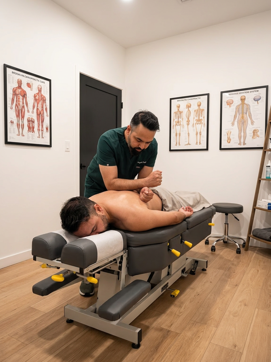 @drp Dr. Patel performing deep tissue massage on a patient lying face down on a treatment table in the Brooklyn Chiropractic Care clinic, warm overhead lighting, @drp applying firm forearm pressure to upper back muscles, patient relaxed, landscape wide angle, photorealistic professional medical photography
Dr. Patel: Adult South Asian man with a medium-to-deep warm brown skin tone and a strong, professional
appearance. Oval to slightly long face, with a broad forehead, high hairline, and a well-defined
beard that gives the lower face a stronger, more angular shape. Dark black hair with visible gray
at the temples and sides, worn short on the sides in a fade/taper and longer on top, styled upward
and back in a clean, voluminous quiff/pompadour. Hairline sits a bit high, with slight recession
at the temples. Thick, dark, straight to gently arched eyebrows. Dark brown, medium-sized,
slightly deep-set eyes with a calm, focused look. Medium width nose, straight in profile, with a
rounded tip. Medium fullness lips, lower lip slightly fuller. Full, connected beard and mustache,
mostly black with noticeable gray/silver strands, especially at the cheeks, sideburn area, and
chin. Beard is shorter and neater on the cheeks and fuller/longer at the chin. Strong and
masculine jawline. Solid and broad-shouldered, medium-to-stocky frame. Upright, composed, and
confident posture. Keep realistic skin texture, natural pores, subtle under-eye detail, and
authentic salt-and-pepper facial hair. Do not make the face overly smooth or overly youthful.
Treatment Room: A modern, narrow rectangular chiropractic treatment room with a clean, minimal, upscale clinical look. The room has bright matte white walls, a white ceiling, white baseboards, and light natural oak wood plank flooring with a soft warm tone. The overall design is simple, uncluttered, and professional, with a calm medical aesthetic rather than a spa aesthetic.
The central focal point of the room is a premium chiropractic treatment table placed lengthwise in the middle of the room. The table has dark charcoal or deep gray padding, a light gray to off-white metal frame, and multiple bright yellow adjustment levers and handles. The table is large, segmented, and clearly a specialized chiropractic table, not a massage table.
Along the main wall are three vertically oriented framed anatomy posters in thin black frames with white mats. The posters show classic medical anatomical illustrations, including the muscular system, skeletal system, and spinal nerves. They are evenly spaced and mounted in a straight horizontal row above and behind the table, creating a clean visual rhythm.
Near the back corner of the room is a narrow leaning ladder shelf with a black metal frame and light wood shelves. The shelf holds a small number of clinical and office items such as tissues, paper towels, wipes, baskets, and small containers. Beside the shelf is a round rolling stool with a dark padded seat and chrome base.
On one side of the room is a simple desk area with a light-colored office chair, computer equipment, and a few practical work items, but this area should remain secondary and not dominate the image. On the opposite end of the room is a white wall-mounted cabinet and a compact rolling clinical utility cart with electrotherapy or rehab equipment, folded towels, wires, and supplies.
The room also includes a black door with a tall rounded-rectangle vertical window, adding a modern architectural detail. A few visible cords and small clinical devices are acceptable, but the room should still feel tidy, intentional, and professional.
Lighting is bright, neutral-to-cool clinical overhead lighting with soft natural realism. The room should feel real, functional, and high-end, with clean lines, minimal decor, and a polished chiropractic practice atmosphere.
quiet luxury, soft cinematic lighting, warm palette, professional, clean composition. gold and muted warm green color tones.
Do not include: cartoon, clipart, stock photo watermark, neon colors, face distortion, white coat, lab coat, doctor coat.