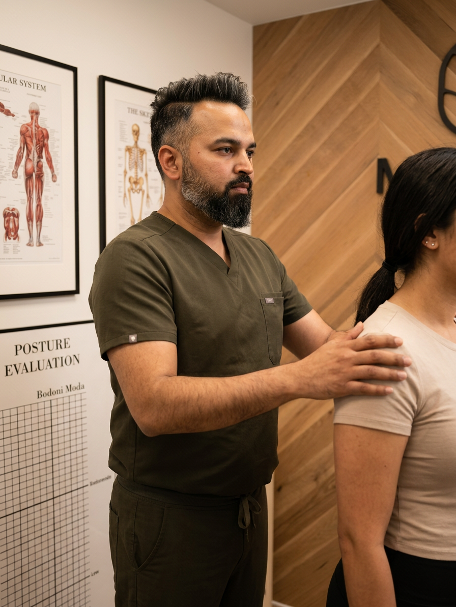 @drp evaluating a patient's posture.

[Character: drp]  Adult South Asian man with a medium-to-deep warm brown skin tone and a strong, professional
  appearance. Oval to slightly long face, with a broad forehead, high hairline, and a well-defined
  beard that gives the lower face a stronger, more angular shape. Dark black hair with visible gray
  at the temples and sides, worn short on the sides in a fade/taper and longer on top, styled upward
   and back in a clean, voluminous quiff/pompadour. Hairline sits a bit high, with slight recession
  at the temples. Thick, dark, straight to gently arched eyebrows. Dark brown, medium-sized,
  slightly deep-set eyes with a calm, focused look. Medium width nose, straight in profile, with a
  rounded tip. Medium fullness lips, lower lip slightly fuller. Full, connected beard and mustache,
  mostly black with noticeable gray/silver strands, especially at the cheeks, sideburn area, and
  chin. Beard is shorter and neater on the cheeks and fuller/longer at the chin. Strong and
  masculine jawline. Solid and broad-shouldered, medium-to-stocky frame. Upright, composed, and
  confident posture. Keep realistic skin texture, natural pores, subtle under-eye detail, and
  authentic salt-and-pepper facial hair. Do not make the face overly smooth or overly youthful.

Style: quiet luxury, soft cinematic lighting, warm palette, professional, clean composition. Colors: primary #7F6B2E, secondary #9BA17F. Typography: Bodoni Moda headings, Manrope body.

Avoid: cartoon, clipart, stock photo watermark, neon colors, face distortion