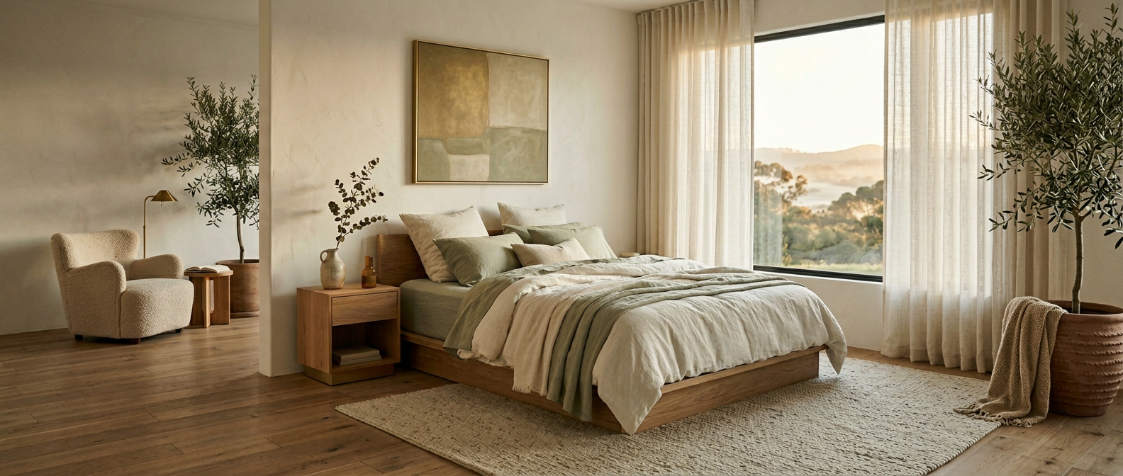 wide angle, landscape, no text, no signs, no writing, quiet luxury master bedroom at early morning, warm soft sunrise light filtering through sheer linen curtains, low-profile platform bed with carefully layered natural linen bedding in warm whites and soft sage green, unmade but styled, a small wooden nightstand with a ceramic vase holding a single eucalyptus sprig, wide-plank oak floors, warm white plaster walls, minimalist and editorial interior photography, shallow depth of field, peaceful and aspirational, natural morning light, cinematic warm color grading, quiet luxury aesthetic

quiet luxury, soft cinematic lighting, warm palette, professional, clean composition. gold and muted warm green color tones.

Do not include: cartoon, clipart, stock photo watermark, neon colors, face distortion, white coat, lab coat, doctor coat.