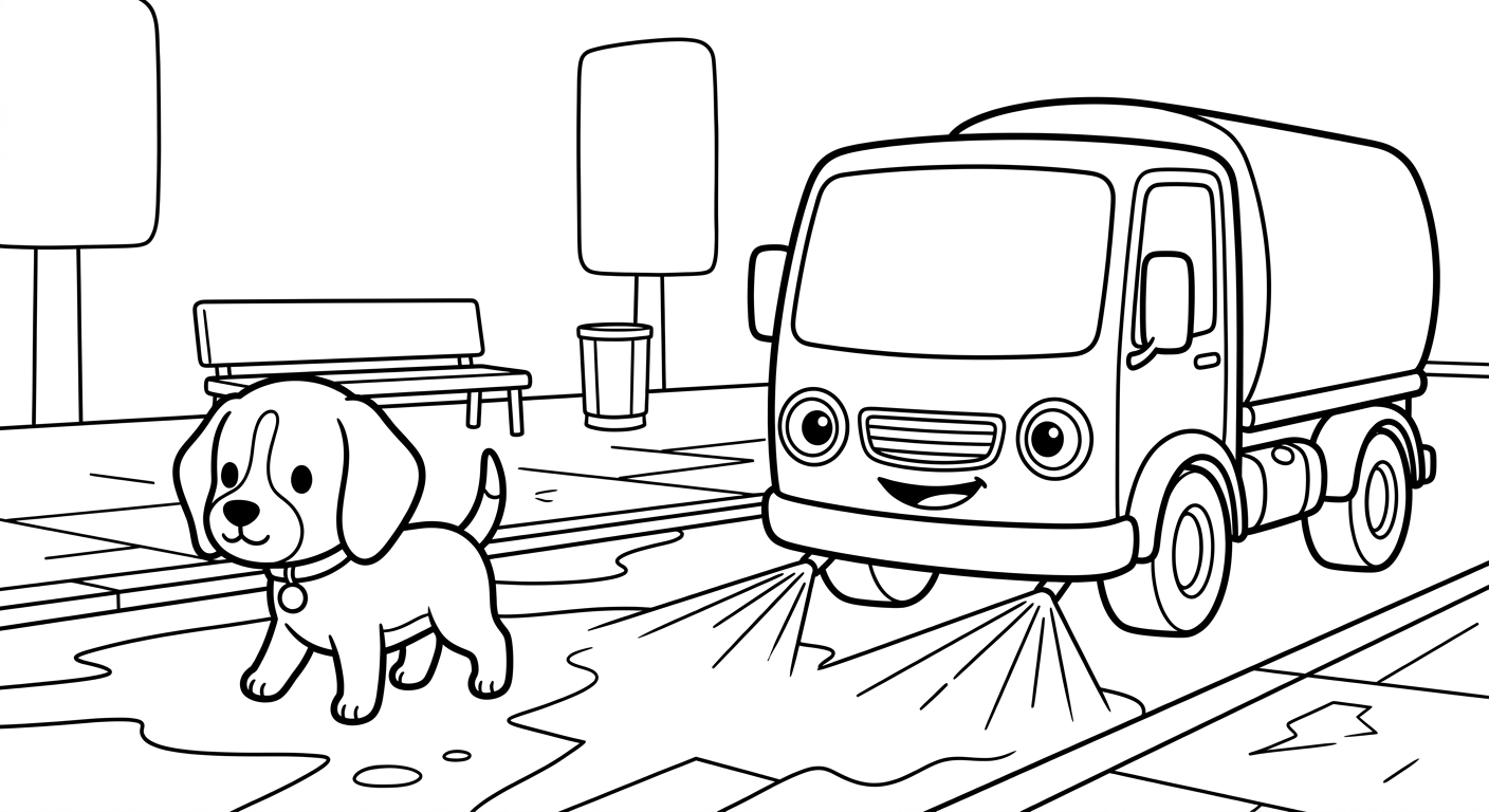 Black and white coloring book page for toddlers. The SAME chibi beagle puppy named Scout from the reference image, identical face and collar with the small round tag, walking calmly, walking across the freshly washed plaza, next to/with a wash truck cleaning a city plaza, water fanning out. The truck has a friendly face from its OWN parts: the round headlights are the eyes and the front grille is a smiling mouth, no cartoon eyes on the windshield. A simple scene with one bench shape and one trash can, no more than two or three background shapes, lots of white space. Clean SOLID bold black outlines, simple smooth rounded shapes, NO furry texture, pure white background, no shading, no gray, NO solid black fills anywhere, NO text or words or letters anywhere in the image, large open areas to color.
quiet luxury, soft cinematic lighting, warm palette, professional, clean composition. gold and muted warm green color tones.
Do not include: cartoon, clipart, stock photo watermark, neon colors, face distortion, white coat, lab coat, doctor coat.