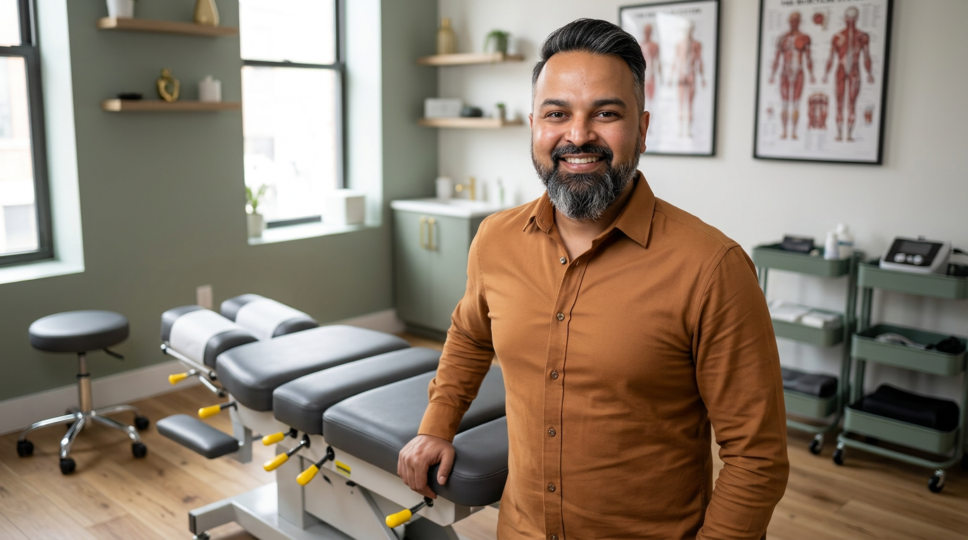 wide angle, landscape, no text, no signs, no writing, Dr. Priyank Patel, chiropractor, mid-shot portrait, face clearly in focus and prominent, lean athletic build, slim defined jawline, fit physique, standing in his Brooklyn chiropractic treatment room, wearing a warm-toned fitted button-down shirt (no white coat, no lab coat), relaxed confident posture, slight warm genuine smile, looking directly toward the camera, one hand resting naturally on the adjustment table, soft directional natural light from a nearby window, shallow depth of field with the treatment room softly visible behind, wood tones and neutral earth-tones in the background, muted sage green and warm gold BCC brand accents, editorial photography aesthetic, natural skin tones, approachable professional portrait, photorealistic

Dr. Patel:  Adult South Asian man with a medium-to-deep warm brown skin tone and a strong, professional
  appearance. Oval to slightly long face, with a broad forehead, high hairline, and a well-defined
  beard that gives the lower face a stronger, more angular shape. Dark black hair with visible gray
  at the temples and sides, worn short on the sides in a fade/taper and longer on top, styled upward
   and back in a clean, voluminous quiff/pompadour. Hairline sits a bit high, with slight recession
  at the temples. Thick, dark, straight to gently arched eyebrows. Dark brown, medium-sized,
  slightly deep-set eyes with a calm, focused look. Medium width nose, straight in profile, with a
  rounded tip. Medium fullness lips, lower lip slightly fuller. Full, connected beard and mustache,
  mostly black with noticeable gray/silver strands, especially at the cheeks, sideburn area, and
  chin. Beard is shorter and neater on the cheeks and fuller/longer at the chin. Strong and
  masculine jawline. Solid and broad-shouldered, medium-to-stocky frame. Upright, composed, and
  confident posture. Keep realistic skin texture, natural pores, subtle under-eye detail, and
  authentic salt-and-pepper facial hair. Do not make the face overly smooth or overly youthful.
Treatment Room: A modern, narrow rectangular chiropractic treatment room with a clean, minimal, upscale clinical look. The room has bright matte white walls, a white ceiling, white baseboards, and light natural oak wood plank flooring with a soft warm tone. The overall design is simple, uncluttered, and professional, with a calm medical aesthetic rather than a spa aesthetic.

The central focal point of the room is a premium chiropractic treatment table placed lengthwise in the middle of the room. The table has dark charcoal or deep gray padding, a light gray to off-white metal frame, and multiple bright yellow adjustment levers and handles. The table is large, segmented, and clearly a specialized chiropractic table, not a massage table.

Along the main wall are three vertically oriented framed anatomy posters in thin black frames with white mats. The posters show classic medical anatomical illustrations, including the muscular system, skeletal system, and spinal nerves. They are evenly spaced and mounted in a straight horizontal row above and behind the table, creating a clean visual rhythm.

Near the back corner of the room is a narrow leaning ladder shelf with a black metal frame and light wood shelves. The shelf holds a small number of clinical and office items such as tissues, paper towels, wipes, baskets, and small containers. Beside the shelf is a round rolling stool with a dark padded seat and chrome base.

On one side of the room is a simple desk area with a light-colored office chair, computer equipment, and a few practical work items, but this area should remain secondary and not dominate the image. On the opposite end of the room is a white wall-mounted cabinet and a compact rolling clinical utility cart with electrotherapy or rehab equipment, folded towels, wires, and supplies.

The room also includes a black door with a tall rounded-rectangle vertical window, adding a modern architectural detail. A few visible cords and small clinical devices are acceptable, but the room should still feel tidy, intentional, and professional.

Lighting is bright, neutral-to-cool clinical overhead lighting with soft natural realism. The room should feel real, functional, and high-end, with clean lines, minimal decor, and a polished chiropractic practice atmosphere.

quiet luxury, soft cinematic lighting, warm palette, professional, clean composition. gold and muted warm green color tones.

Do not include: cartoon, clipart, stock photo watermark, neon colors, face distortion, white coat, lab coat, doctor coat.