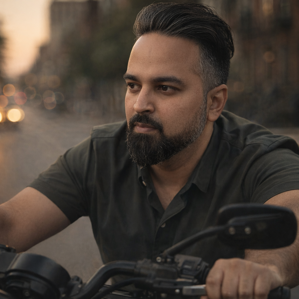 @drp riding a motorcycle without a hetmat.

[Character: drp]  Adult South Asian man with a medium-to-deep warm brown skin tone and a strong, professional
  appearance. Oval to slightly long face, with a broad forehead, high hairline, and a well-defined
  beard that gives the lower face a stronger, more angular shape. Dark black hair with visible gray
  at the temples and sides, worn short on the sides in a fade/taper and longer on top, styled upward
   and back in a clean, voluminous quiff/pompadour. Hairline sits a bit high, with slight recession
  at the temples. Thick, dark, straight to gently arched eyebrows. Dark brown, medium-sized,
  slightly deep-set eyes with a calm, focused look. Medium width nose, straight in profile, with a
  rounded tip. Medium fullness lips, lower lip slightly fuller. Full, connected beard and mustache,
  mostly black with noticeable gray/silver strands, especially at the cheeks, sideburn area, and
  chin. Beard is shorter and neater on the cheeks and fuller/longer at the chin. Strong and
  masculine jawline. Solid and broad-shouldered, medium-to-stocky frame. Upright, composed, and
  confident posture. Keep realistic skin texture, natural pores, subtle under-eye detail, and
  authentic salt-and-pepper facial hair. Do not make the face overly smooth or overly youthful.

Style: quiet luxury, soft cinematic lighting, warm palette, professional, clean composition. Colors: primary #7F6B2E, secondary #9BA17F. Typography: Bodoni Moda headings, Manrope body.

Avoid: cartoon, clipart, stock photo watermark, neon colors, face distortion