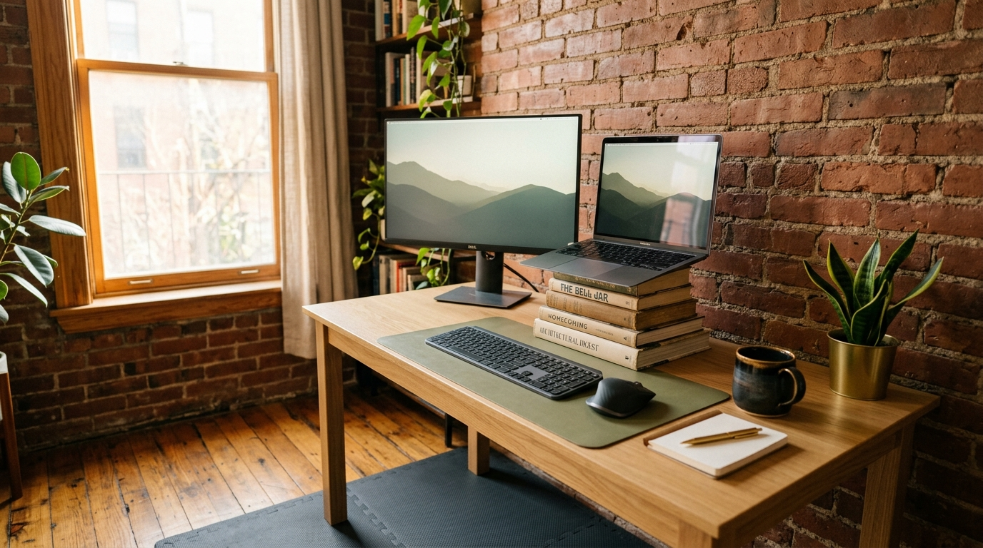 Small Brooklyn pre-war apartment home office. A laptop sits on a stack of hardcover books raised to eye level on an IKEA Linnmon desk. External keyboard and mouse below, monitor positioned at eye height. Exposed brick wall, single window with natural morning light streaming in, hardwood floor with a foam anti-fatigue mat. Coffee mug on the edge. Clean minimalist workspace, no person in frame. Realistic photography, warm natural light, shallow depth of field, professional editorial style. Landscape wide angle.

quiet luxury, soft cinematic lighting, warm palette, professional, clean composition. gold and muted warm green color tones.

Do not include: cartoon, clipart, stock photo watermark, neon colors, face distortion, white coat, lab coat, doctor coat.