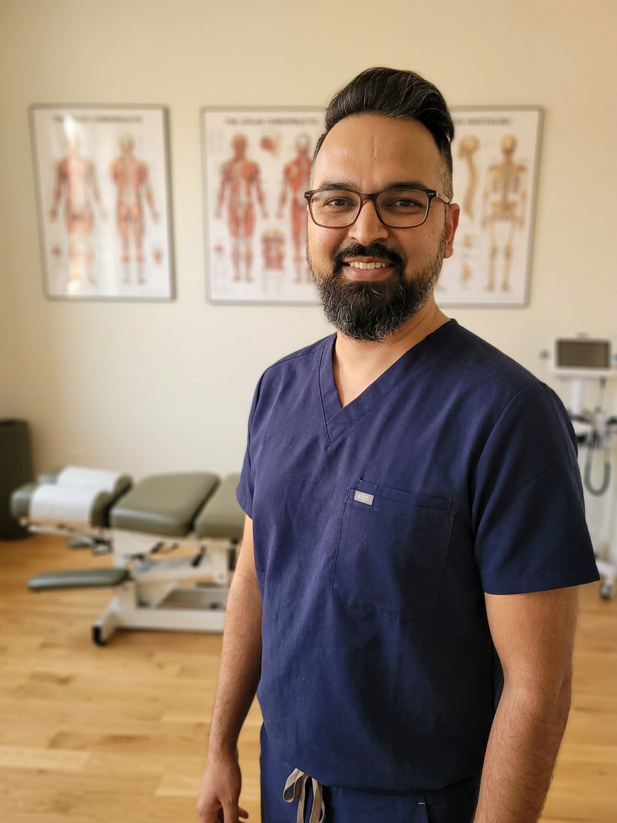 @drp Dr. Patel, waist-up three-quarter portrait, standing in his modern Brooklyn chiropractic clinic treatment room, warm natural light, wearing navy blue Figs medical scrubs, glasses, full beard, friendly confident smile, arms relaxed, photorealistic professional photography, shallow depth of field, no white coat, no text, no signs, no writing

Dr. Patel:  Adult South Asian man with a medium-to-deep warm brown skin tone and a strong, professional
  appearance. Oval to slightly long face, with a broad forehead, high hairline, and a well-defined
  beard that gives the lower face a stronger, more angular shape. Dark black hair with visible gray
  at the temples and sides, worn short on the sides in a fade/taper and longer on top, styled upward
   and back in a clean, voluminous quiff/pompadour. Hairline sits a bit high, with slight recession
  at the temples. Thick, dark, straight to gently arched eyebrows. Dark brown, medium-sized,
  slightly deep-set eyes with a calm, focused look. Medium width nose, straight in profile, with a
  rounded tip. Medium fullness lips, lower lip slightly fuller. Full, connected beard and mustache,
  mostly black with noticeable gray/silver strands, especially at the cheeks, sideburn area, and
  chin. Beard is shorter and neater on the cheeks and fuller/longer at the chin. Strong and
  masculine jawline. Solid and broad-shouldered, medium-to-stocky frame. Upright, composed, and
  confident posture. Keep realistic skin texture, natural pores, subtle under-eye detail, and
  authentic salt-and-pepper facial hair. Do not make the face overly smooth or overly youthful.
Treatment Room: A modern, narrow rectangular chiropractic treatment room with a clean, minimal, upscale clinical look. The room has bright matte white walls, a white ceiling, white baseboards, and light natural oak wood plank flooring with a soft warm tone. The overall design is simple, uncluttered, and professional, with a calm medical aesthetic rather than a spa aesthetic.

The central focal point of the room is a premium chiropractic treatment table placed lengthwise in the middle of the room. The table has dark charcoal or deep gray padding, a light gray to off-white metal frame, and multiple bright yellow adjustment levers and handles. The table is large, segmented, and clearly a specialized chiropractic table, not a massage table.

Along the main wall are three vertically oriented framed anatomy posters in thin black frames with white mats. The posters show classic medical anatomical illustrations, including the muscular system, skeletal system, and spinal nerves. They are evenly spaced and mounted in a straight horizontal row above and behind the table, creating a clean visual rhythm.

Near the back corner of the room is a narrow leaning ladder shelf with a black metal frame and light wood shelves. The shelf holds a small number of clinical and office items such as tissues, paper towels, wipes, baskets, and small containers. Beside the shelf is a round rolling stool with a dark padded seat and chrome base.

On one side of the room is a simple desk area with a light-colored office chair, computer equipment, and a few practical work items, but this area should remain secondary and not dominate the image. On the opposite end of the room is a white wall-mounted cabinet and a compact rolling clinical utility cart with electrotherapy or rehab equipment, folded towels, wires, and supplies.

The room also includes a black door with a tall rounded-rectangle vertical window, adding a modern architectural detail. A few visible cords and small clinical devices are acceptable, but the room should still feel tidy, intentional, and professional.

Lighting is bright, neutral-to-cool clinical overhead lighting with soft natural realism. The room should feel real, functional, and high-end, with clean lines, minimal decor, and a polished chiropractic practice atmosphere.

quiet luxury, soft cinematic lighting, warm palette, professional, clean composition. gold and muted warm green color tones.

Do not include: cartoon, clipart, stock photo watermark, neon colors, face distortion, white coat, lab coat, doctor coat.