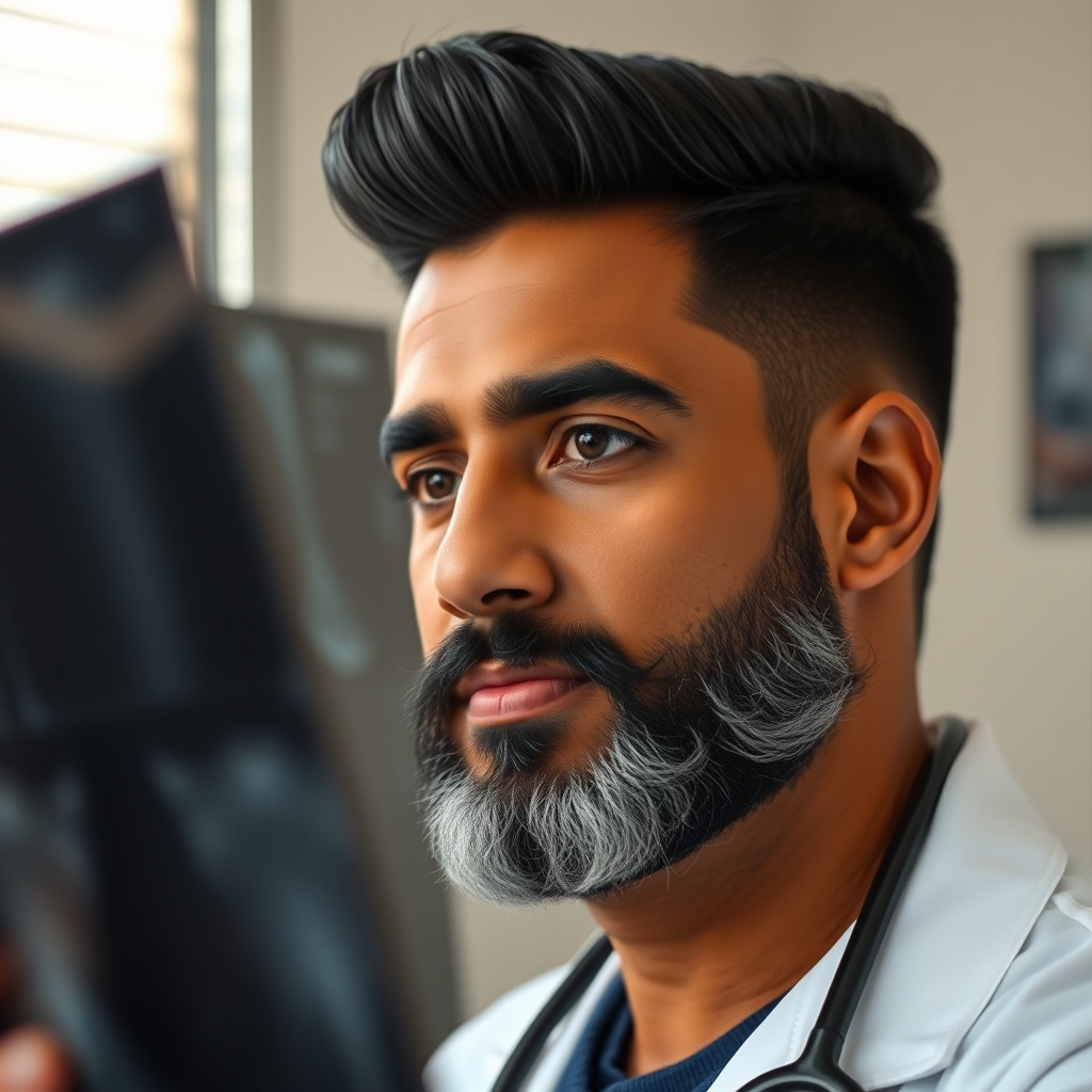 @DRP reviewing patient X-rays in the clinic, calm focused expression, morning light

[Character: drp]  Adult South Asian man with a medium-to-deep warm brown skin tone and a strong, professional
  appearance. Oval to slightly long face, with a broad forehead, high hairline, and a well-defined
  beard that gives the lower face a stronger, more angular shape. Dark black hair with visible gray
  at the temples and sides, worn short on the sides in a fade/taper and longer on top, styled upward
   and back in a clean, voluminous quiff/pompadour. Hairline sits a bit high, with slight recession
  at the temples. Thick, dark, straight to gently arched eyebrows. Dark brown, medium-sized,
  slightly deep-set eyes with a calm, focused look. Medium width nose, straight in profile, with a
  rounded tip. Medium fullness lips, lower lip slightly fuller. Full, connected beard and mustache,
  mostly black with noticeable gray/silver strands, especially at the cheeks, sideburn area, and
  chin. Beard is shorter and neater on the cheeks and fuller/longer at the chin. Strong and
  masculine jawline. Solid and broad-shouldered, medium-to-stocky frame. Upright, composed, and
  confident posture. Keep realistic skin texture, natural pores, subtle under-eye detail, and
  authentic salt-and-pepper facial hair. Do not make the face overly smooth or overly youthful.

Style: quiet luxury, soft cinematic lighting, warm palette, professional, clean composition. Colors: primary #7F6B2E, secondary #9BA17F. Typography: Bodoni Moda headings, Manrope body.

Avoid: cartoon, clipart, stock photo watermark, neon colors, face distortion