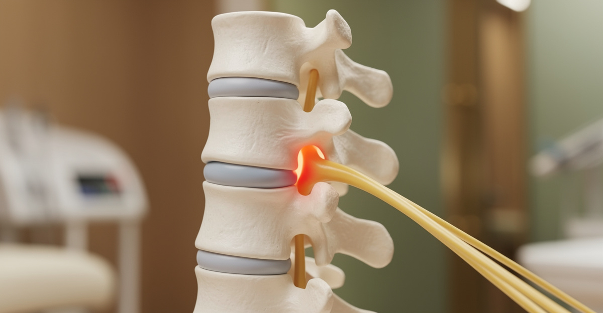 Create a medically plausible 3D anatomical teaching-model image focused only on the lower cervical spine, C4 through C7, in a lateral three-quarter cutaway view. Show four ivory cervical vertebrae with pale blue-gray intervertebral discs. At C5-C6, a small posterolateral disc bulge must visibly contact and slightly flatten one continuous yellow nerve root as it exits through the neural foramen. The yellow nerve begins inside the spinal canal, passes through the bony opening, and continues several inches outward toward the shoulder. Make this single physical contact point the unmistakable focal point, with a restrained red-orange highlight only at the compressed segment. Wide horizontal blog featured image with the anatomy centered and fully in frame against a softly blurred modern clinic background. No skull or jaw, no people, no hands, no text, no labels, no arrows, no gore, no transparent skin, no X-ray effect, no glowing entire spine, no multiple compression sites, no duplicated or disconnected nerves, no floating bones, no extra vertebrae.
quiet luxury, soft cinematic lighting, warm palette, professional, clean composition. gold and muted warm green color tones.
Do not include: cartoon, clipart, stock photo watermark, neon colors, face distortion, white coat, lab coat, doctor coat.