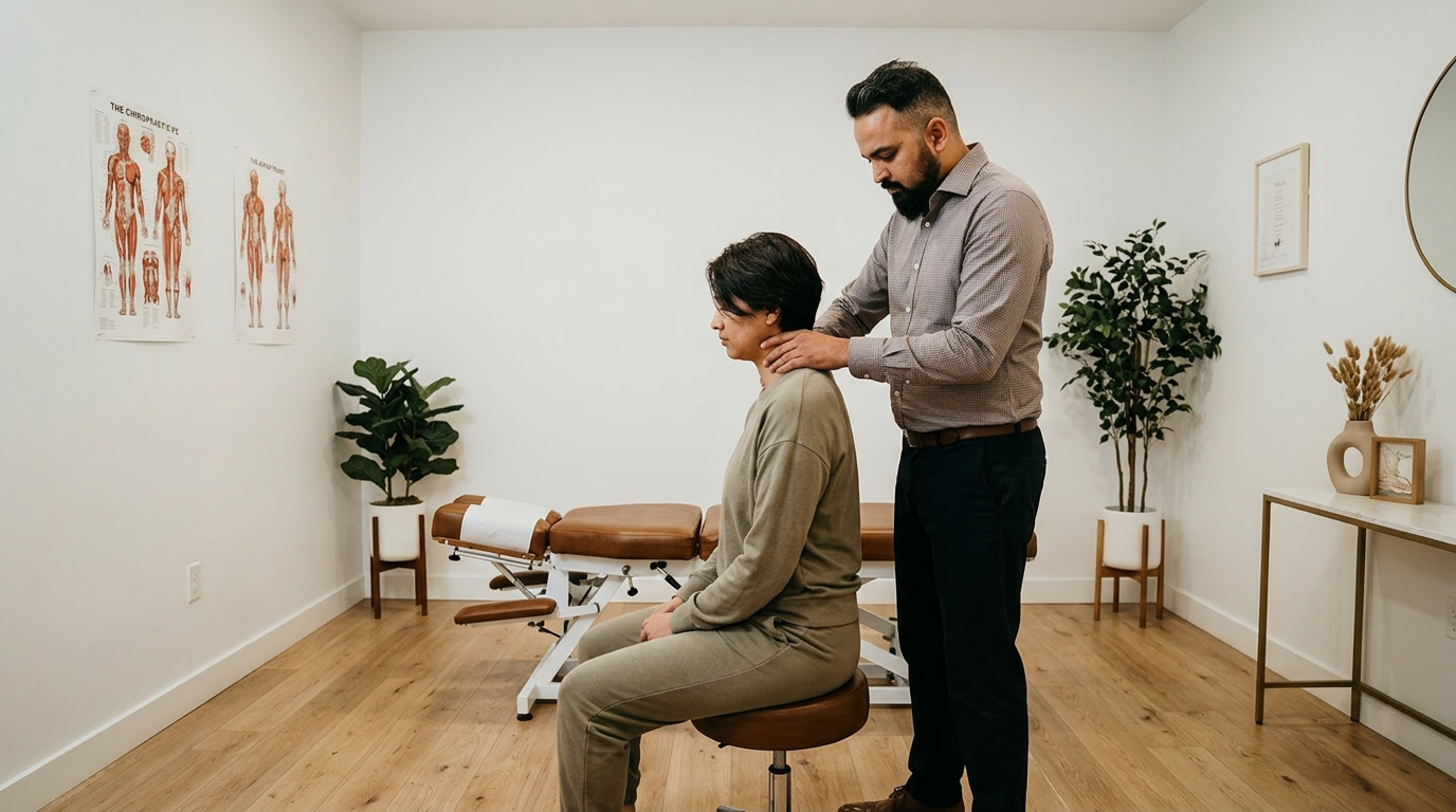 Dr. Patel checking patient spine posture alignment in chiropractic office, wide angle landscape, white walls oak floors, warm lighting

[Character: drp]  Adult South Asian man with a medium-to-deep warm brown skin tone and a strong, professional
  appearance. Oval to slightly long face, with a broad forehead, high hairline, and a well-defined
  beard that gives the lower face a stronger, more angular shape. Dark black hair with visible gray
  at the temples and sides, worn short on the sides in a fade/taper and longer on top, styled upward
   and back in a clean, voluminous quiff/pompadour. Hairline sits a bit high, with slight recession
  at the temples. Thick, dark, straight to gently arched eyebrows. Dark brown, medium-sized,
  slightly deep-set eyes with a calm, focused look. Medium width nose, straight in profile, with a
  rounded tip. Medium fullness lips, lower lip slightly fuller. Full, connected beard and mustache,
  mostly black with noticeable gray/silver strands, especially at the cheeks, sideburn area, and
  chin. Beard is shorter and neater on the cheeks and fuller/longer at the chin. Strong and
  masculine jawline. Solid and broad-shouldered, medium-to-stocky frame. Upright, composed, and
  confident posture. Keep realistic skin texture, natural pores, subtle under-eye detail, and
  authentic salt-and-pepper facial hair. Do not make the face overly smooth or overly youthful.

Style: quiet luxury, soft cinematic lighting, warm palette, professional, clean composition. Colors: primary #7F6B2E, secondary #9BA17F. Typography: Bodoni Moda headings, Manrope body.

Avoid: cartoon, clipart, stock photo watermark, neon colors, face distortion, white coat, lab coat, doctor coat