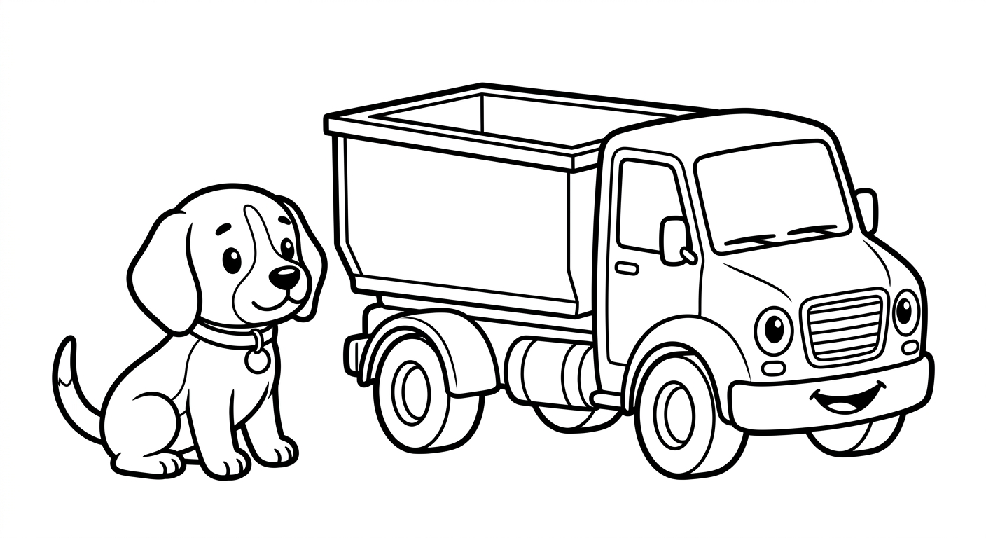 Black and white coloring book page for toddlers. The SAME chibi beagle puppy named Scout from the reference image, identical face and collar with the small round tag, sitting with tail up and alert, sitting alert and watching the roll-off truck carry its big box, next to/with a roll-off truck carrying one big empty open container in simple side view. The truck has a friendly face from its OWN parts: the round headlights are the eyes and the front grille is a smiling mouth, no cartoon eyes on the windshield. Just the truck and Scout on an empty page, maximum white space, no background. Clean SOLID bold black outlines, simple smooth rounded shapes, NO furry texture, pure white background, no shading, no gray, NO solid black fills anywhere, NO text or words or letters anywhere in the image, large open areas to color. IMPORTANT: the truck's ONLY eyes are its two round headlights on the front; do NOT draw any cartoon eyes on the windshield; the windshield is empty glass.
quiet luxury, soft cinematic lighting, warm palette, professional, clean composition. gold and muted warm green color tones.
Do not include: cartoon, clipart, stock photo watermark, neon colors, face distortion, white coat, lab coat, doctor coat.