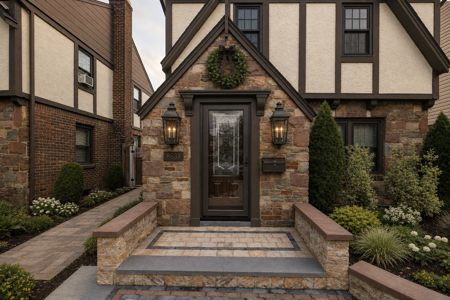 Create ONE photorealistic exterior architectural renovation visualization by editing the ORIGINAL supplied Home Front Entrance photo. Preserve this specific compact Tudor house, camera viewpoint, building massing, roof, window openings, neighbors and original multicolored stone masonry. Show the entrance and visible upper and right-hand facade so dark windows and repainted stucco are visible.
ABSOLUTE OWNER CONSTRAINT: the doors and hardscape were just replaced and MUST remain EXACTLY as in the original reference. Keep original wood door AND original glazed storm door, their color, panels, glazing and hardware. NO new walnut door, no removal of storm door, no enlargement of doorway. Keep all paving, brick/paver patterns, border colors, landing, steps, sidewall caps and stone sidewalls EXACTLY unchanged. No resurfacing, new gray caps, new steps or hardscape alterations. These constraints override any stylistic preference. Keep all stone unpainted.
Designer-led finish and detail renovation only: repaint stucco infill soft warm limestone off-white inspired by Sherwin-Williams Shoji White SW7042, not buttery cream or stark white. Repaint existing timbers, fascia, gable trim and finial rich warm brown-charcoal inspired by Black Fox SW7020. Retain timber layout. Replace white WINDOW FRAMES only with factory-look dark bronze/brown-black, keeping original opening sizes and window divisions. This does NOT authorize changes to entrance doors or storm door.
Add a SUBSTANTIAL architecturally bold painted brown-charcoal door surround AROUND the existing doorway: SIX-INCH-WIDE side casings, layered stepped molding with visible depth, a NINE-INCH-TALL horizontal header/frieze with substantial projecting cap. TWO prominent solid tapered corbels roughly TWELVE INCHES TALL and FIVE INCHES WIDE, projecting around FIVE inches, visibly supporting the cap ends outside the door opening. These must read as crafted architectural brackets, NOT tiny triangles, slivers or thin sticks. Door surround should have real visual weight against rugged stone. No columns, new pediment or porch roof. Keep actual doors, clear opening and storm-door operation untouched, existing stone gable and pointed finial intact.
Two matching LARGE traditional dark bronze clear-glass WALL lanterns, each a full 24 INCHES TALL and approximately 10-11 INCHES WIDE. Glass/body section itself approximately 17-18 inches tall, NOT 24 inches made mostly of long skinny finials. Large prominent fixtures are the main visual correction. Each complete lantern must visibly be approximately ONE QUARTER of the 92.5-inch doorway-height reference and a little over HALF the height from doorstep to mailbox center; do not render tiny 12-16 inch lights. Lantern width should occupy about a quarter of each original 39-inch side wall panel. Symmetrical centers about 70 inches above landing, bottoms around 58 inches, tops around 82 inches. Clear bronze metal frames, broad glass panes, warm bulb. Keep symmetrical and independent of casing with physical clearance. Below left lantern, compact bronze horizontal house-number plaque retaining only the original reference digits if legible, otherwise blank rather than inventing. Below right lantern, slim rectangular dark bronze mailbox, NOT bright brass. Precisely align mailbox CENTER with plaque CENTER around 47 inches above landing. Keep door swing, mailbox lid and walking clearance.
One compact natural green wreath approximately 20 inches diameter on stone ABOVE casing and BELOW gable peak; short dark ribbon, no overlap with cap or finial. Remove loose freestanding decorative lanterns/clutter from landing, but do not alter any hardscape. Simplify planting only within current beds, with low rounded evergreens, restrained white flowers and soft grasses exposing right-hand windows; keep existing bed boundaries. Do not add pots or objects on steps. Neutral natural west-facing afternoon daylight, no orange sunset cast. Photorealistic inspiring cohesive restoration of SAME house. No people, labels, watermark, printed dimensions. Source measurements: 39 inches each side wall, 92.5 inches stoop-to-door measurement, 136 inches stoop to below finial. Treat as approximate reference, do not stretch architecture. Most important: original installed DOORS and HARDSCAPE are recognizable and UNCHANGED.

Home Front Entrance is depicted as: The exact private residential front entrance in the primary reference photograph. Tudor-style facade with irregular multicolored stone masonry, steep triangular stone entrance gable, dark brown trim and narrow pointed finial, centered dark-framed glazed storm door over a wood door, paved raised stoop, low stone side walls with brown caps, existing landscaping and neighboring context. Existing wall light and house-number plaque are left of the door; mailbox is right. Preserve actual architecture, stone pattern, door dimensions, perspective and proportions. Only change fixtures and decor explicitly requested. Do not replace this with a generic house or clinic. User measurements: use 39 inches of wall width on EACH side of door; stoop-to-door measurement 92.5 inches (endpoint as stated, not independently surveyed); stoop to just below the pointed finial 136 inches. These are design guidance, not a measured construction drawing..

quiet luxury, soft cinematic lighting, warm palette, professional, clean composition. gold and muted warm green color tones.

Do not include: cartoon, clipart, stock photo watermark, neon colors, face distortion, white coat, lab coat, doctor coat.