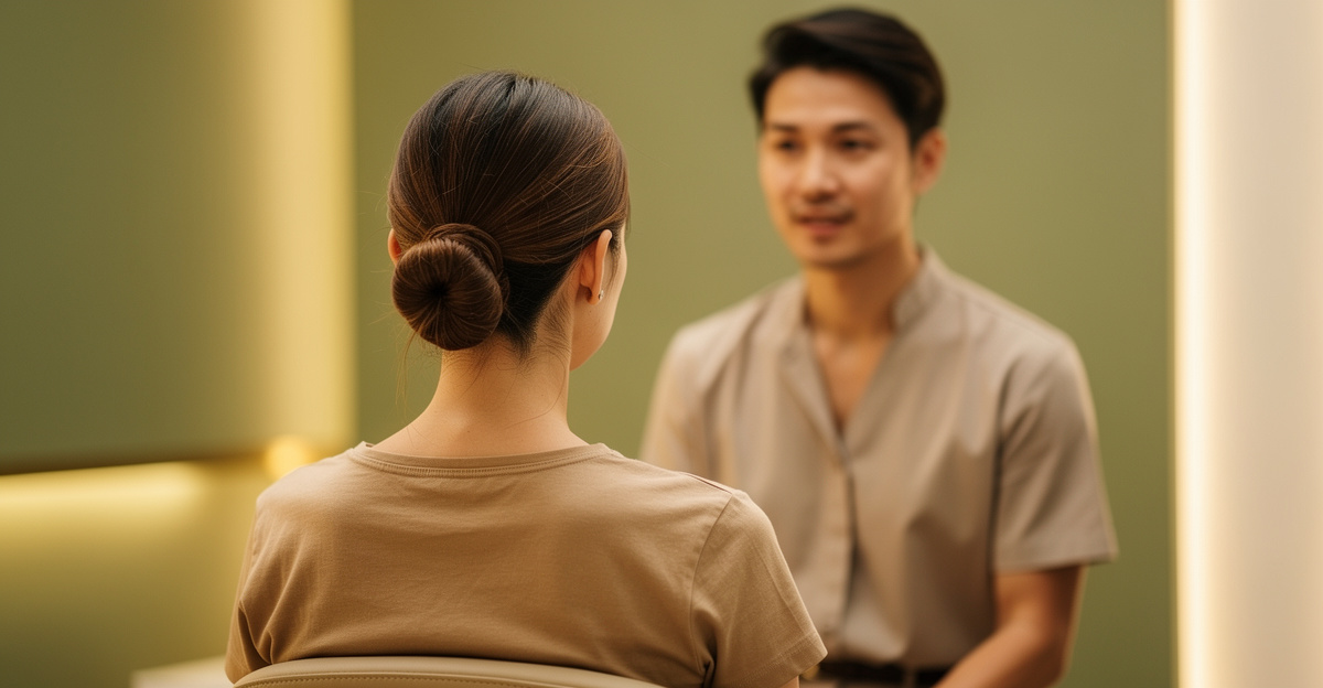 Photorealistic candid blog hero for a plain-English guide to pinched nerves. An adult woman sits upright in a clean modern chiropractic consultation room, viewed from behind at a natural rear three-quarter angle, with a mildly guarded neck posture. A chiropractor stands beside her in calm conversation. No treatment is happening and there is no physical contact. Crop both people from shoulders through upper torso so all hands and forearms remain completely outside the frame. Natural anatomy, realistic posture, believable spacing between the two people, soft daylight, simple uncluttered clinic background. Wide landscape composition with no text, logos, signage, wall diagrams, watermark, or visible hands.
quiet luxury, soft cinematic lighting, warm palette, professional, clean composition. gold and muted warm green color tones.
Do not include: cartoon, clipart, stock photo watermark, neon colors, face distortion, white coat, lab coat, doctor coat.