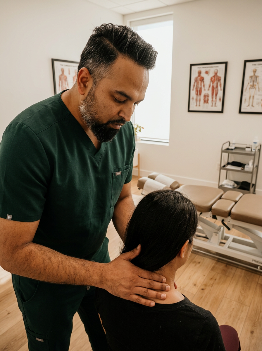 @drp, a warm male chiropractor in dark green scrubs (no white coat) gently examining a seated patient neck and upper spine with both hands assessing nerve pain, bright modern clinic, white walls, oak floors, natural window light, photorealistic
Dr. Patel: Adult South Asian man with a medium-to-deep warm brown skin tone and a strong, professional
appearance. Oval to slightly long face, with a broad forehead, high hairline, and a well-defined
beard that gives the lower face a stronger, more angular shape. Dark black hair with visible gray
at the temples and sides, worn short on the sides in a fade/taper and longer on top, styled upward
and back in a clean, voluminous quiff/pompadour. Hairline sits a bit high, with slight recession
at the temples. Thick, dark, straight to gently arched eyebrows. Dark brown, medium-sized,
slightly deep-set eyes with a calm, focused look. Medium width nose, straight in profile, with a
rounded tip. Medium fullness lips, lower lip slightly fuller. Full, connected beard and mustache,
mostly black with noticeable gray/silver strands, especially at the cheeks, sideburn area, and
chin. Beard is shorter and neater on the cheeks and fuller/longer at the chin. Strong and
masculine jawline. Solid and broad-shouldered, medium-to-stocky frame. Upright, composed, and
confident posture. Keep realistic skin texture, natural pores, subtle under-eye detail, and
authentic salt-and-pepper facial hair. Do not make the face overly smooth or overly youthful.
Treatment Room: A modern, narrow rectangular chiropractic treatment room with a clean, minimal, upscale clinical look. The room has bright matte white walls, a white ceiling, white baseboards, and light natural oak wood plank flooring with a soft warm tone. The overall design is simple, uncluttered, and professional, with a calm medical aesthetic rather than a spa aesthetic.
The central focal point of the room is a premium chiropractic treatment table placed lengthwise in the middle of the room. The table has dark charcoal or deep gray padding, a light gray to off-white metal frame, and multiple bright yellow adjustment levers and handles. The table is large, segmented, and clearly a specialized chiropractic table, not a massage table.
Along the main wall are three vertically oriented framed anatomy posters in thin black frames with white mats. The posters show classic medical anatomical illustrations, including the muscular system, skeletal system, and spinal nerves. They are evenly spaced and mounted in a straight horizontal row above and behind the table, creating a clean visual rhythm.
Near the back corner of the room is a narrow leaning ladder shelf with a black metal frame and light wood shelves. The shelf holds a small number of clinical and office items such as tissues, paper towels, wipes, baskets, and small containers. Beside the shelf is a round rolling stool with a dark padded seat and chrome base.
On one side of the room is a simple desk area with a light-colored office chair, computer equipment, and a few practical work items, but this area should remain secondary and not dominate the image. On the opposite end of the room is a white wall-mounted cabinet and a compact rolling clinical utility cart with electrotherapy or rehab equipment, folded towels, wires, and supplies.
The room also includes a black door with a tall rounded-rectangle vertical window, adding a modern architectural detail. A few visible cords and small clinical devices are acceptable, but the room should still feel tidy, intentional, and professional.
Lighting is bright, neutral-to-cool clinical overhead lighting with soft natural realism. The room should feel real, functional, and high-end, with clean lines, minimal decor, and a polished chiropractic practice atmosphere.
quiet luxury, soft cinematic lighting, warm palette, professional, clean composition. gold and muted warm green color tones.
Do not include: cartoon, clipart, stock photo watermark, neon colors, face distortion, white coat, lab coat, doctor coat.
