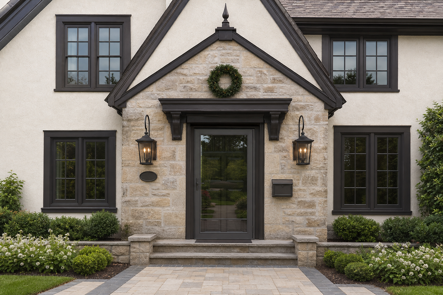 Photorealistic photo edit of the supplied original Home Front Entrance house photograph. Additional fixture reference shows the EXACT Hinkley Bromley oil rubbed bronze lantern to install in a matching pair, one each side of the entrance. Use HOUSE reference for architecture and fixture reference ONLY for the lights. Do not make a generic lantern. Reproduce its tall distinctive shepherd-hook arch and hanging loop, shallow hipped roof with layered rim, tapered clear four-sided glass enclosure, candle-style bulb cluster, flat bottom rim and rear rectangular backplate. NO top pointed finial, NO bottom finial, NO substitution of steep pyramid roof. The TOTAL height including the tall hook is 24.75 inches and width 10 inches: retain hook-to-body proportions in fixture photo. Each side stone panel is 39 inches wide so the fixture width should span about one quarter of its panel. Do not enlarge body to 24 inches PLUS hook. Match pair size and mounting heights. Show natural subtle warm bulb glow.
Retain exact original house massing, natural multicolored stone pattern, roofline, gable and finial, and ALL EXISTING DOORS INCLUDING STORM DOOR AND ALL HARDSCAPE: paving pattern, borders, steps, wall caps unchanged. No replacement doors or gray paving. Render approved renovation finishes: soft warm limestone off-white stucco inspired by Shoji White and warm deep brown-charcoal timbers/window frames inspired by Black Fox; window openings unchanged. Substantial 6-inch-wide dark casing with stepped molding, 9-inch-tall header and projecting cap supported by two visibly solid roughly 12-inch tapered corbels, not thin tiny brackets. Keep doors operable, no new roof or columns. Compact wreath on stone above header well below finial with gap. House plaque left and slim dark bronze mailbox right below lanterns, their centers aligned. Preserve original digits only if truly legible otherwise blank plaque. Clear freestanding floor lantern clutter, keep hardscape. Retain original planting beds, low tidy planting optional. Balanced daylight, whole entrance plus upper facade visible, no text overlay, no screenshots, no product dimension arrows. Highest priority EXACT distinctive Bromley hook/roof/body reproduced from attached fixture photo at believable 24.75 inch total scale, and protected door/hardscape unchanged. Inspiration visualization, no invented house architecture.