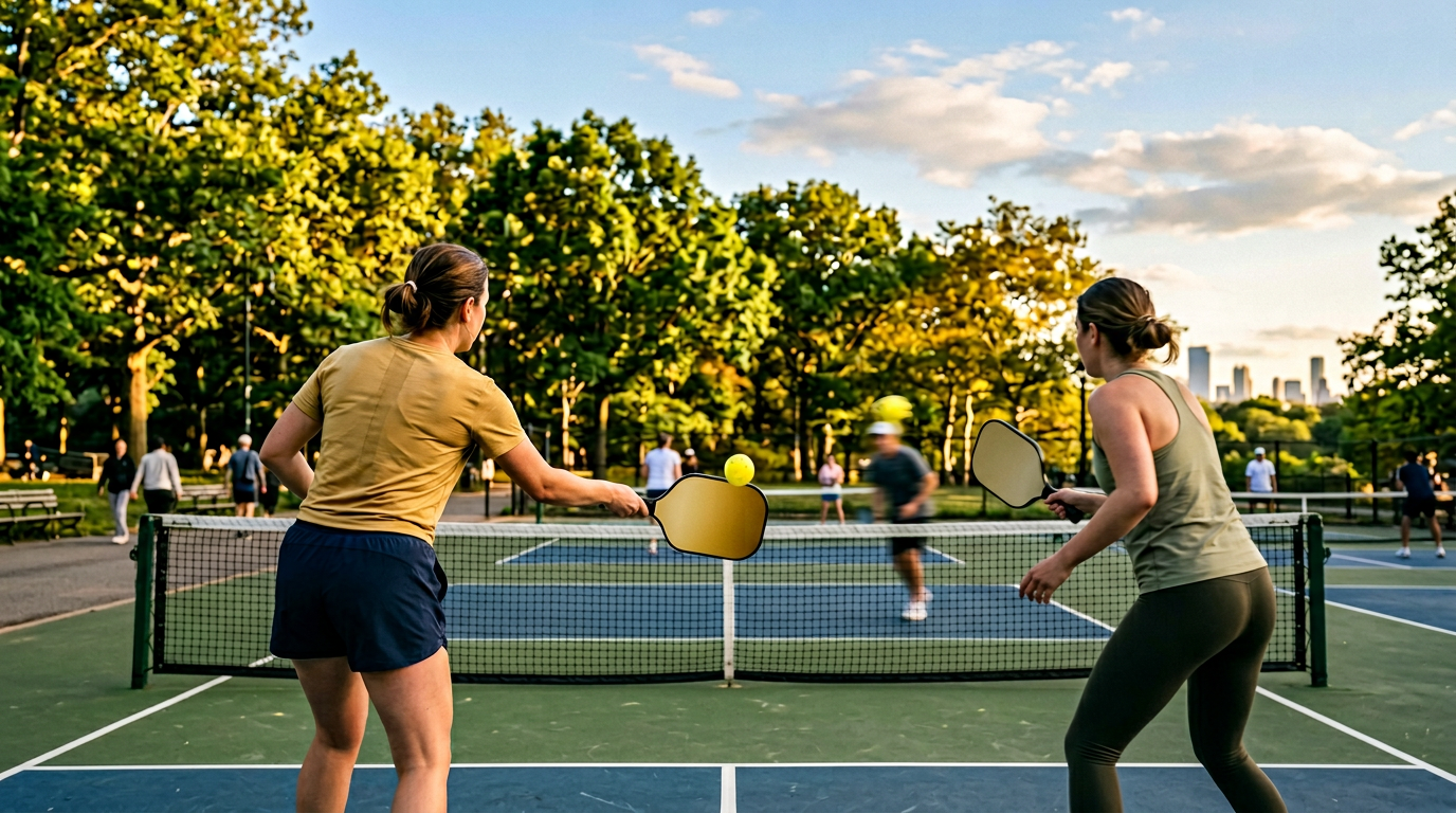 wide angle, landscape, no text, no signs, no writing, vibrant outdoor pickleball game in a Brooklyn park on a sunny spring evening, blue sky, leafy trees in background, two players in casual athletic wear mid-rally close to net, focus on a paddle striking a yellow ball, motion blur on the ball, candid sports photography, photorealistic, golden hour lighting, no faces visible clearly, no logos

quiet luxury, soft cinematic lighting, warm palette, professional, clean composition. gold and muted warm green color tones.

Do not include: cartoon, clipart, stock photo watermark, neon colors, face distortion, white coat, lab coat, doctor coat.