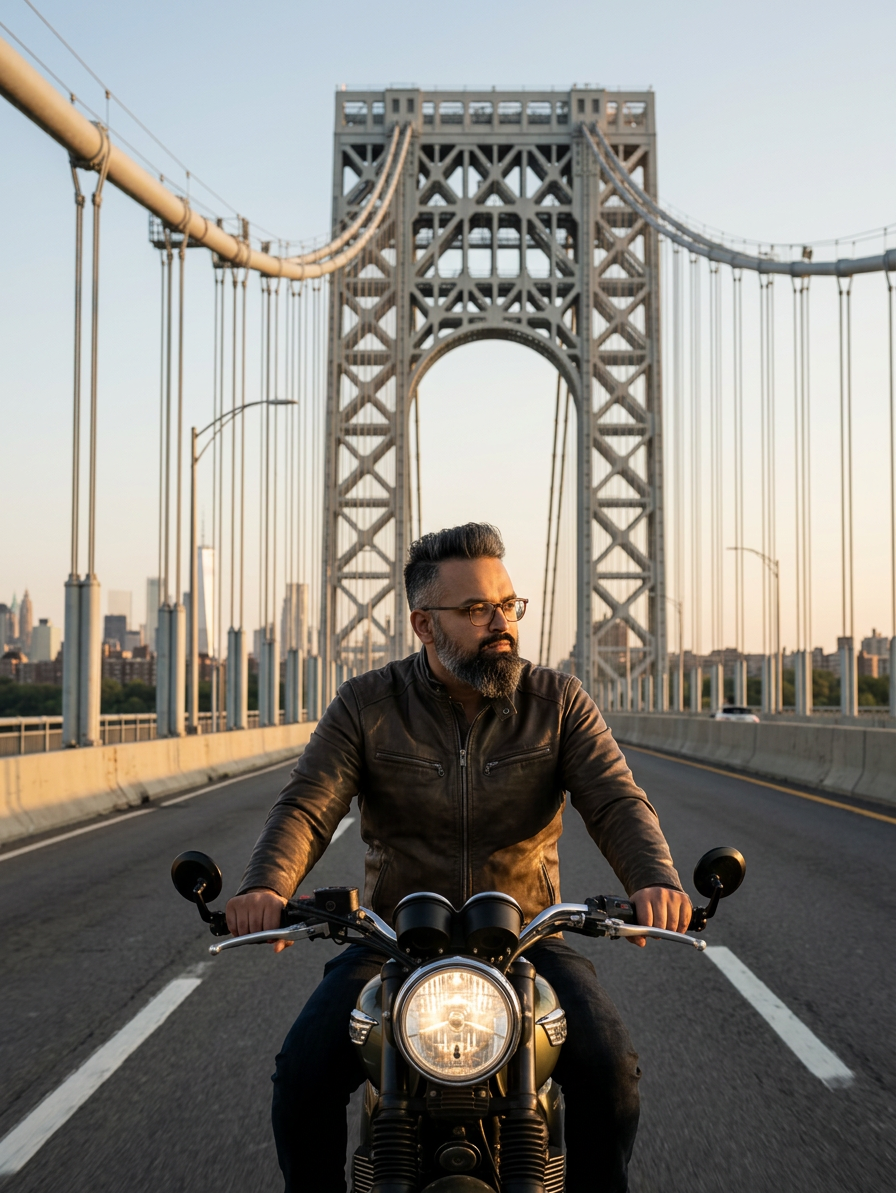 @drp is riding a motorcycle on George Washington bridge on his way back to New York.

[Character: drp]  Adult South Asian man with a medium-to-deep warm brown skin tone and a strong, professional
  appearance. Oval to slightly long face, with a broad forehead, high hairline, and a well-defined
  beard that gives the lower face a stronger, more angular shape. Dark black hair with visible gray
  at the temples and sides, worn short on the sides in a fade/taper and longer on top, styled upward
   and back in a clean, voluminous quiff/pompadour. Hairline sits a bit high, with slight recession
  at the temples. Thick, dark, straight to gently arched eyebrows. Dark brown, medium-sized,
  slightly deep-set eyes with a calm, focused look. Medium width nose, straight in profile, with a
  rounded tip. Medium fullness lips, lower lip slightly fuller. Full, connected beard and mustache,
  mostly black with noticeable gray/silver strands, especially at the cheeks, sideburn area, and
  chin. Beard is shorter and neater on the cheeks and fuller/longer at the chin. Strong and
  masculine jawline. Solid and broad-shouldered, medium-to-stocky frame. Upright, composed, and
  confident posture. Keep realistic skin texture, natural pores, subtle under-eye detail, and
  authentic salt-and-pepper facial hair. Do not make the face overly smooth or overly youthful.

Style: quiet luxury, soft cinematic lighting, warm palette, professional, clean composition. Colors: primary #7F6B2E, secondary #9BA17F. Typography: Bodoni Moda headings, Manrope body.

Avoid: cartoon, clipart, stock photo watermark, neon colors, face distortion, white coat, lab coat, doctor coat