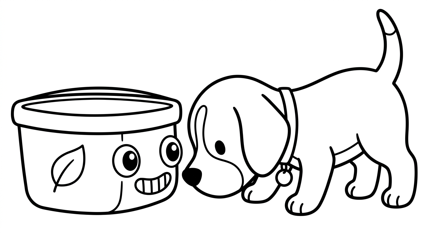 Black and white coloring book page for toddlers. The SAME chibi beagle puppy named Scout from the reference image, identical face and collar with the small round tag, sniffing with nose lowered to the ground, nose-down sniffing the compost caddy, next to/with a compost food-scraps caddy alone with a leaf shape on the front. The truck has a friendly face from its OWN parts: the round headlights are the eyes and the front grille is a smiling mouth, no cartoon eyes on the windshield. Just the caddy and Scout on an empty page, maximum white space, no background. Clean SOLID bold black outlines, simple smooth rounded shapes, NO furry texture, pure white background, no shading, no gray, NO solid black fills anywhere, NO text or words or letters anywhere in the image, large open areas to color. IMPORTANT: pure black and white line art only, NO color at all, Scout's collar is just black outline with a small round tag, plain white background.
quiet luxury, soft cinematic lighting, warm palette, professional, clean composition. gold and muted warm green color tones.
Do not include: cartoon, clipart, stock photo watermark, neon colors, face distortion, white coat, lab coat, doctor coat.