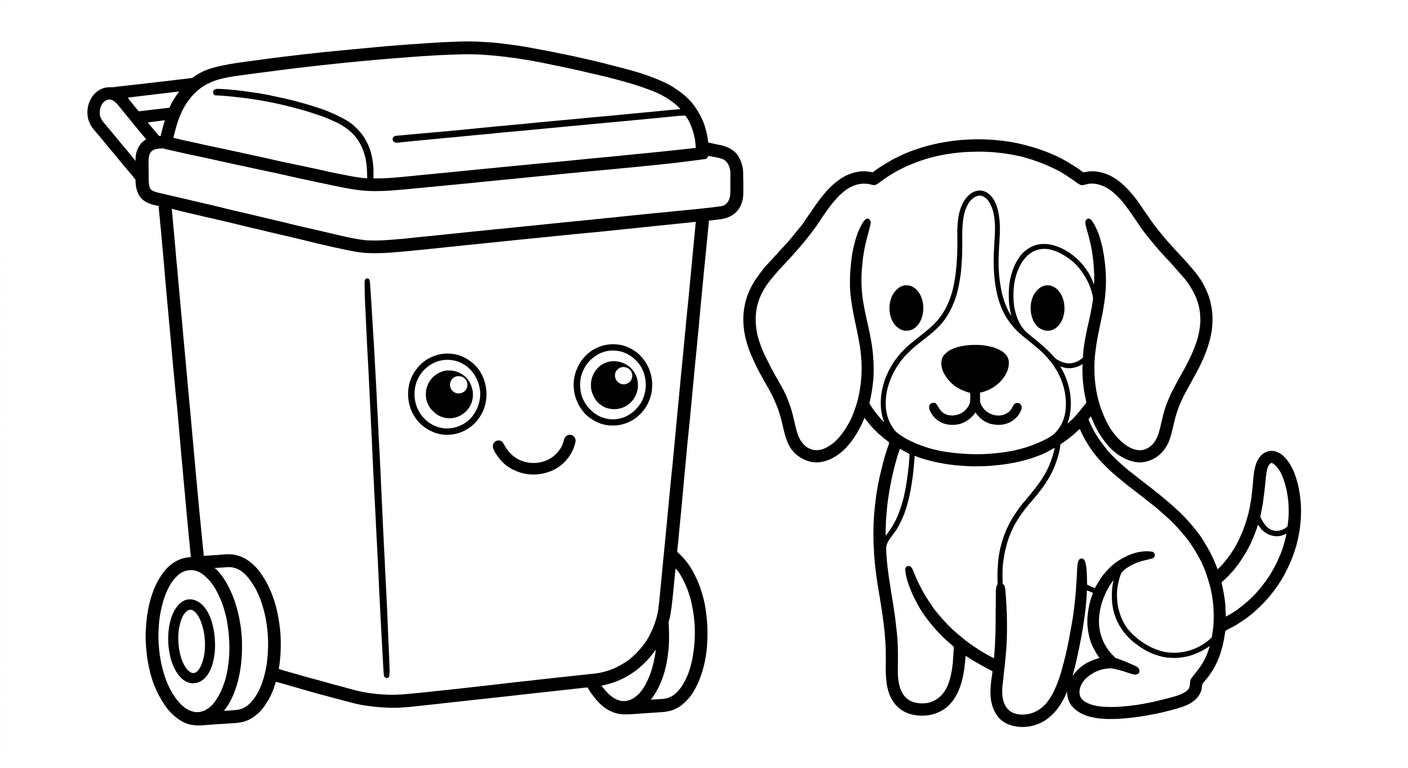 Black and white coloring book line art. A single big simple empty wheelie trash bin drawn as a plain white outline with a friendly face, the SAME chibi beagle Scout from reference sitting next to it, centered, lots of empty white space. Clean SOLID bold black outlines, simple smooth rounded shapes, NO furry texture, pure white background, no shading, no gray, NO solid black fills, NO text or letters, large open areas to color.
quiet luxury, soft cinematic lighting, warm palette, professional, clean composition. gold and muted warm green color tones.
Do not include: cartoon, clipart, stock photo watermark, neon colors, face distortion, white coat, lab coat, doctor coat.