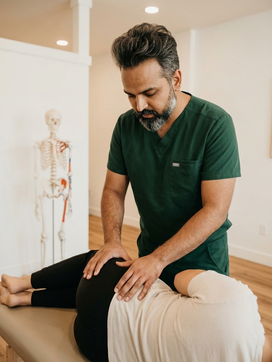 Dr. Patel in dark green medical scrubs examining a patients hip joint in a modern chiropractic clinic. Hands positioned over the patients hip area. Patient lying on their side on a treatment table. Warm clinical lighting, white walls, oak floors, soft natural light. Professional medical photography, detailed, realistic. Absolutely no text, no writing, no letters, no numbers, no logos anywhere in the image.

[Character: drp]  Adult South Asian man with a medium-to-deep warm brown skin tone and a strong, professional
  appearance. Oval to slightly long face, with a broad forehead, high hairline, and a well-defined
  beard that gives the lower face a stronger, more angular shape. Dark black hair with visible gray
  at the temples and sides, worn short on the sides in a fade/taper and longer on top, styled upward
   and back in a clean, voluminous quiff/pompadour. Hairline sits a bit high, with slight recession
  at the temples. Thick, dark, straight to gently arched eyebrows. Dark brown, medium-sized,
  slightly deep-set eyes with a calm, focused look. Medium width nose, straight in profile, with a
  rounded tip. Medium fullness lips, lower lip slightly fuller. Full, connected beard and mustache,
  mostly black with noticeable gray/silver strands, especially at the cheeks, sideburn area, and
  chin. Beard is shorter and neater on the cheeks and fuller/longer at the chin. Strong and
  masculine jawline. Solid and broad-shouldered, medium-to-stocky frame. Upright, composed, and
  confident posture. Keep realistic skin texture, natural pores, subtle under-eye detail, and
  authentic salt-and-pepper facial hair. Do not make the face overly smooth or overly youthful.

Style: quiet luxury, soft cinematic lighting, warm palette, professional, clean composition. Colors: primary #7F6B2E, secondary #9BA17F. Typography: Bodoni Moda headings, Manrope body.

Avoid: cartoon, clipart, stock photo watermark, neon colors, face distortion, white coat, lab coat, doctor coat