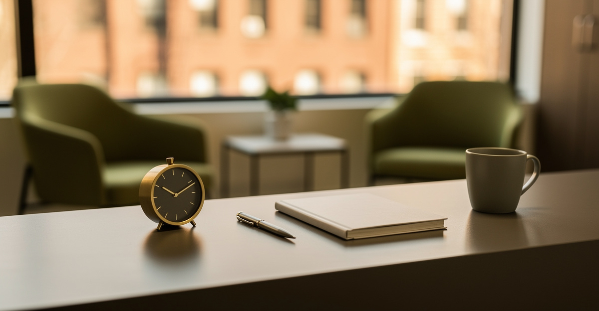 A wide editorial blog hero photograph of an elegant, empty chiropractic clinic reception desk in Brooklyn in soft early-morning natural light. On the foreground counter: exactly one tasteful brass analog desk clock, one closed appointment planner with a plain blank cover, one pen, and one simple ceramic cup. A modern waiting area is softly out of focus behind it. No wall clocks. No open books or visible pages. No people, no chiropractor, no patient, no treatment table, no adjustment, no medical procedure, no anatomical models. No readable text, numbers beyond the normal clock face, logos, signs, brand names, wall lettering, or calendar dates. Realistic objects, uncluttered wide composition with generous negative space.

quiet luxury, soft cinematic lighting, warm palette, professional, clean composition. gold and muted warm green color tones.

Do not include: cartoon, clipart, stock photo watermark, neon colors, face distortion, white coat, lab coat, doctor coat.