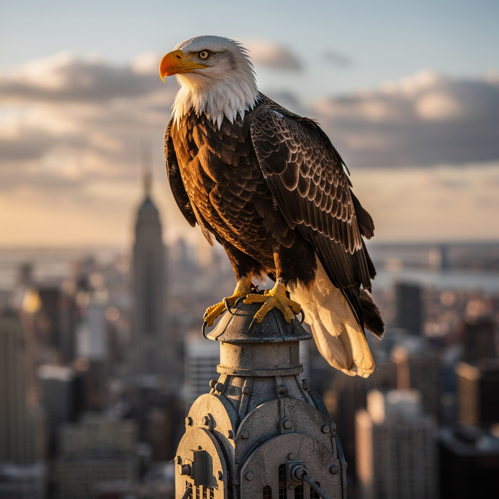 zoomed in photo of a bald eagle sitting on top of the empire state building.