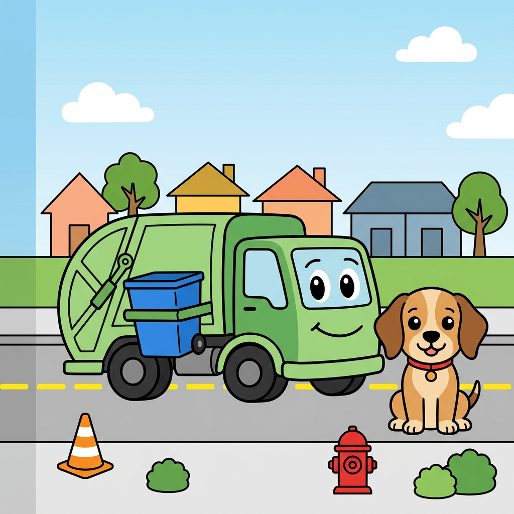 Use the attached reference image as the EXACT style, character, color and palette authority: reproduce the same smiling green cartoon garbage truck, the same tan-and-brown beagle puppy (Scout) with a red collar, and the same flat bright children's-book palette, all on-model.
A flat, bright, friendly children's vector illustration for a toddler coloring-book FRONT cover. Thick bold uniform black outlines, clean flat color fills, no shading, no texture, no photorealism, no gradients except a soft blue sky. Square, full-bleed art running to all four edges, no white border or frame.
RENDER NO TEXT: no letters, no words, no title, no badge, no signature anywhere in the image. Leave the upper ~30 percent as clean open blue sky with only a couple of simple white clouds, and keep the lower-left corner clean. All text is added later by the publisher.
Layout shifted DOWN from the top with generous empty-sky headroom. Upper-middle: a cheerful row of small colorful houses (peach, mustard-yellow, soft orange, dusty blue) with simple triangle and flat roofs plus two rounded green trees on the horizon, friendly and small. CENTER: the two hero characters large and centered as a pair, on-model with the reference. The smiling green garbage truck has its cab and friendly face on the RIGHT side (two big oval eyes and a smile on the cab), a rounded lighter-green body, chunky black wheels, and a lifting arm holding a single bright blue recycling bin on the truck's left side. Do not mirror or flip the truck. To the truck's right sits Scout, a tan-and-light-brown beagle with darker brown ears and back patch, big round black eyes with white highlights, a black button nose, a soft happy smile, and a red collar with a small round tag, sitting upright and turned slightly toward the truck.
BOTTOM ~25 percent: a LIVELY flat street scene that replaces any dead flat gray band. A light-gray road spanning the full width with a dashed bright-yellow center line, the truck's wheels resting on the road; above the road a lighter curb-and-sidewalk strip where Scout sits, giving a clear sidewalk-versus-street distinction. Scatter a FEW friendly roadside props low and with breathing room: an orange-and-white traffic cone, a small fire hydrant or mailbox, and two or three small round green bushes echoing the trees. Exactly ONE recycling bin in the whole image, the blue one in the truck's arm; no second bin. Road and sidewalk bleed to the bottom and side edges.
The left ~150 px is the spine seam: background bleeds fully to the left edge with no white gap, but that strip stays plain continuous color only, plain sky on top and plain road/sidewalk on the bottom, with no houses, trees, props or characters in it.
Vivid primary palette: red, sky blue, grass green, sunny yellow, warm tan. Repeat green (truck, trees, bushes) and blue (sky, the single bin). Sunny, safe, playful morning-on-a-friendly-street mood, big shapes, lots of air, uncluttered for ages 2 to 4. Flat bright fills and thick black outlines throughout. No new characters, no extra trucks, no text.
quiet luxury, soft cinematic lighting, warm palette, professional, clean composition. gold and muted warm green color tones.
Do not include: cartoon, clipart, stock photo watermark, neon colors, face distortion, white coat, lab coat, doctor coat.