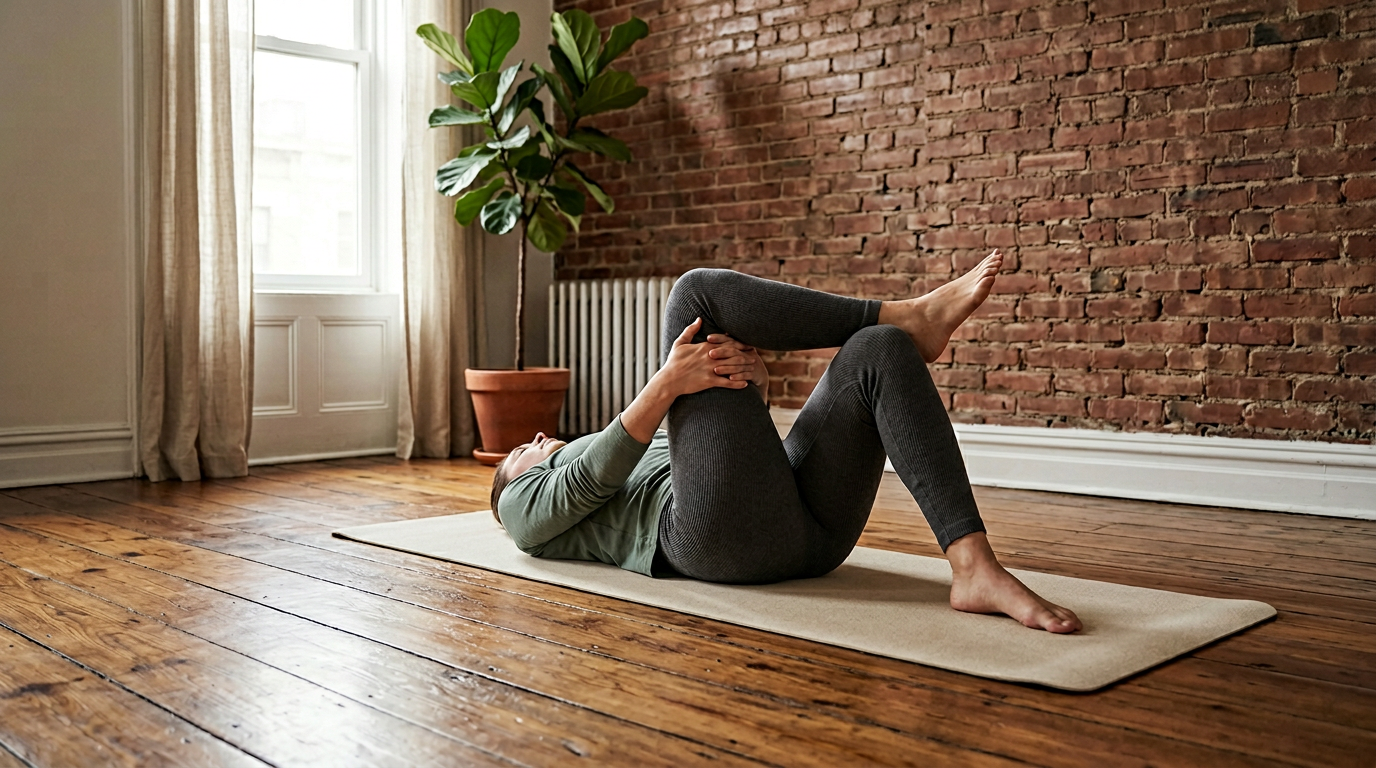 wide angle, landscape, no text, no signs, no writing. Editorial photography of a person performing a figure-4 hip stretch on a yoga mat on a hardwood floor in a Brooklyn pre-war apartment, lying on their back with one ankle crossed over the opposite knee in the classic figure-4 / hip-opener position, both hands holding behind the supporting thigh to deepen the stretch, the crossed-over hip clearly visible as the focal point of the image, calm intentional posture suggesting hip mobility work, exposed red brick wall, warm hardwood floor, soft morning natural light through a tall window with sheer linen curtains, minimalist neutral yoga mat, person wearing soft athletic loungewear, face cropped out of frame above the shoulders so only torso, hands, and legs are visible, muted palette of cream, walnut, and brick, photorealistic professional lifestyle photography, shallow depth of field, magazine quality, calm domestic Greenpoint atmosphere

quiet luxury, soft cinematic lighting, warm palette, professional, clean composition. gold and muted warm green color tones.

Do not include: cartoon, clipart, stock photo watermark, neon colors, face distortion, white coat, lab coat, doctor coat.