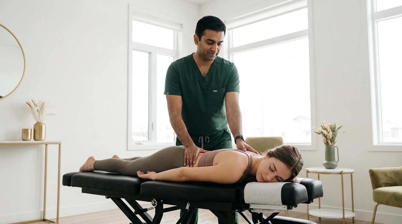 Wide angle landscape photograph of Dr. Patel, an Indian-American male chiropractor in dark green scrubs, performing a gentle spinal adjustment on a young woman in yoga attire lying on a chiropractic table in a modern clean clinic with white walls and natural light. Warm and professional atmosphere. No white coat. Soft natural lighting.

Dr. Patel is depicted as:  Adult South Asian man with a medium-to-deep warm brown skin tone and a strong, professional
  appearance. Oval to slightly long face, with a broad forehead, high hairline, and a well-defined
  beard that gives the lower face a stronger, more angular shape. Dark black hair with visible gray
  at the temples and sides, worn short on the sides in a fade/taper and longer on top, styled upward
   and back in a clean, voluminous quiff/pompadour. Hairline sits a bit high, with slight recession
  at the temples. Thick, dark, straight to gently arched eyebrows. Dark brown, medium-sized,
  slightly deep-set eyes with a calm, focused look. Medium width nose, straight in profile, with a
  rounded tip. Medium fullness lips, lower lip slightly fuller. Full, connected beard and mustache,
  mostly black with noticeable gray/silver strands, especially at the cheeks, sideburn area, and
  chin. Beard is shorter and neater on the cheeks and fuller/longer at the chin. Strong and
  masculine jawline. Solid and broad-shouldered, medium-to-stocky frame. Upright, composed, and
  confident posture. Keep realistic skin texture, natural pores, subtle under-eye detail, and
  authentic salt-and-pepper facial hair. Do not make the face overly smooth or overly youthful..

quiet luxury, soft cinematic lighting, warm palette, professional, clean composition. gold and muted warm green color tones.

Do not include: cartoon, clipart, stock photo watermark, neon colors, face distortion, white coat, lab coat, doctor coat.