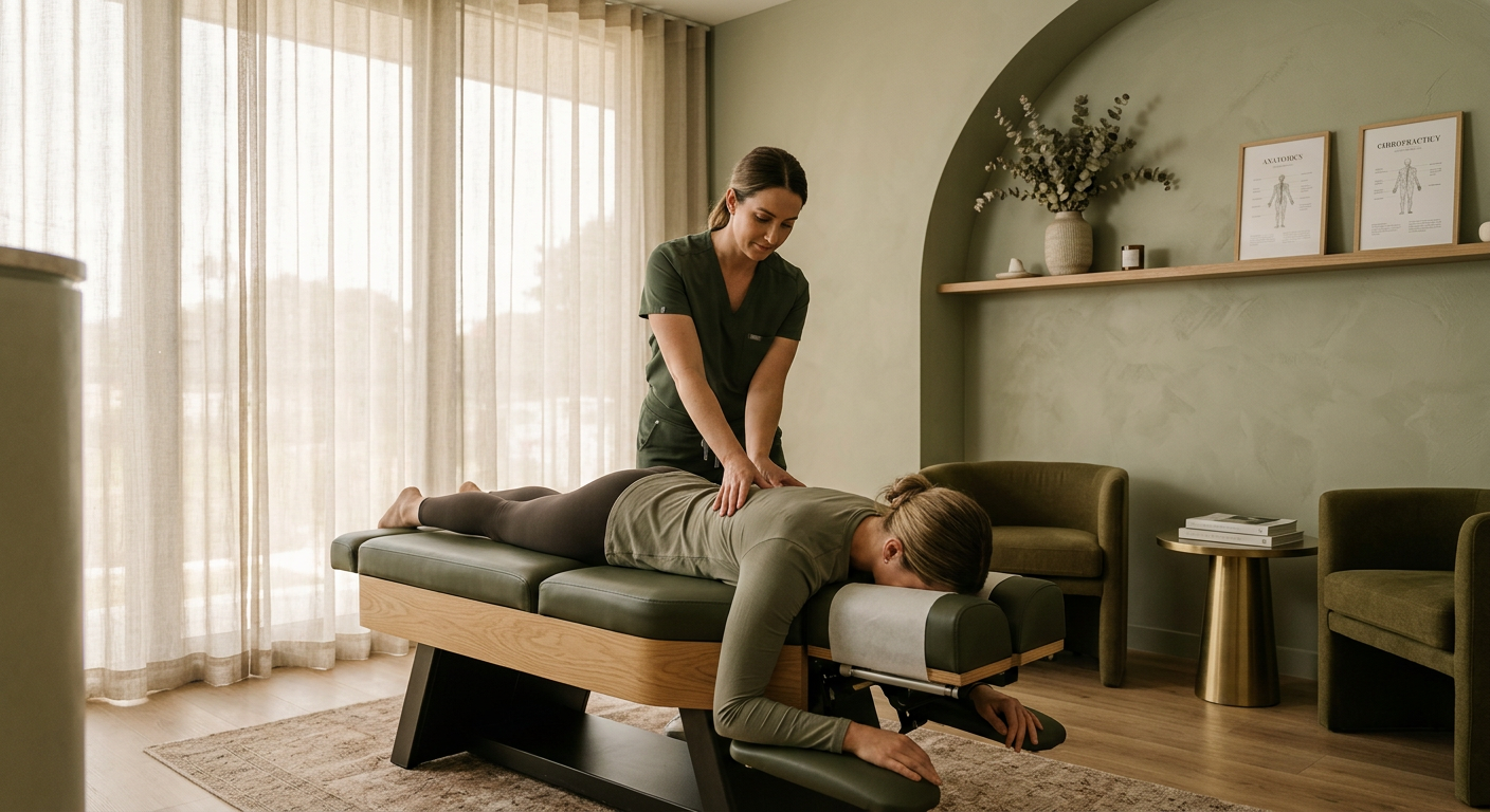 performing a chiropractic adjustment in the clinic

Style: quiet luxury, soft cinematic lighting, warm palette, professional, clean composition. Colors: primary #7F6B2E, secondary #9BA17F. Typography: Bodoni Moda headings, Manrope body.

Avoid: cartoon, clipart, stock photo watermark, neon colors, face distortion