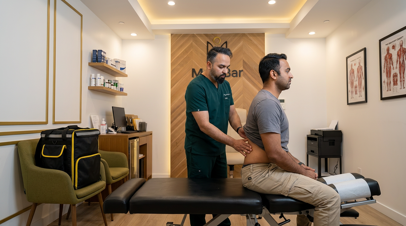 Wide angle landscape photo of Dr. Patel, a South Asian male chiropractor in dark green scrubs, examining the lower back of a delivery driver patient sitting on a chiropractic table. The patient wears a casual t-shirt and cargo pants. A delivery backpack rests on a chair nearby. Modern chiropractic clinic with white walls and warm lighting. Professional medical setting, candid moment during examination. No white coat.

Dr. Patel is depicted as:  Adult South Asian man with a medium-to-deep warm brown skin tone and a strong, professional
  appearance. Oval to slightly long face, with a broad forehead, high hairline, and a well-defined
  beard that gives the lower face a stronger, more angular shape. Dark black hair with visible gray
  at the temples and sides, worn short on the sides in a fade/taper and longer on top, styled upward
   and back in a clean, voluminous quiff/pompadour. Hairline sits a bit high, with slight recession
  at the temples. Thick, dark, straight to gently arched eyebrows. Dark brown, medium-sized,
  slightly deep-set eyes with a calm, focused look. Medium width nose, straight in profile, with a
  rounded tip. Medium fullness lips, lower lip slightly fuller. Full, connected beard and mustache,
  mostly black with noticeable gray/silver strands, especially at the cheeks, sideburn area, and
  chin. Beard is shorter and neater on the cheeks and fuller/longer at the chin. Strong and
  masculine jawline. Solid and broad-shouldered, medium-to-stocky frame. Upright, composed, and
  confident posture. Keep realistic skin texture, natural pores, subtle under-eye detail, and
  authentic salt-and-pepper facial hair. Do not make the face overly smooth or overly youthful..

quiet luxury, soft cinematic lighting, warm palette, professional, clean composition. gold and muted warm green color tones.

Do not include: cartoon, clipart, stock photo watermark, neon colors, face distortion, white coat, lab coat, doctor coat.
