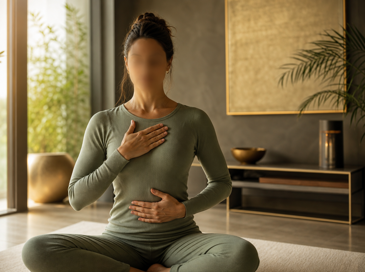GBP post image, no text. A tasteful photorealistic wellness scene in a calm modern room: person seated upright with relaxed shoulders practicing slow coherent breathing, one hand on ribcage and one on abdomen, with subtle emphasis on rib expansion and thoracic posture. Soft natural light, clinical but warm, no clinician, no doctor, no recognizable face, no logos.
quiet luxury, soft cinematic lighting, warm palette, professional, clean composition. gold and muted warm green color tones.
Do not include: cartoon, clipart, stock photo watermark, neon colors, face distortion, white coat, lab coat, doctor coat.