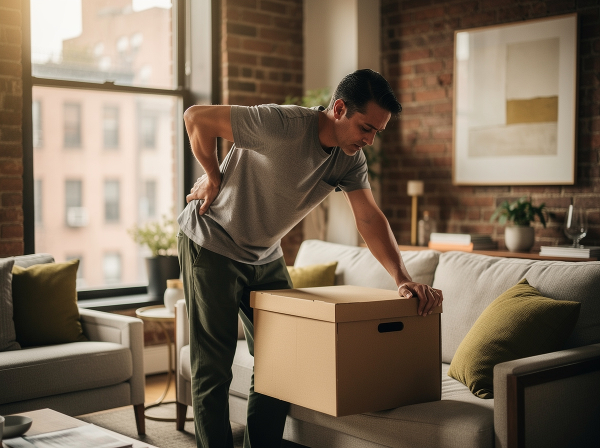 Bright, realistic photo of an adult cleaning a Brooklyn apartment and pausing with fresh lower back strain after lifting a storage box, natural posture, tasteful modern home interior, no text, no logo, no collage, no extra limbs, no distorted hands, no medical equipment

Style: quiet luxury, soft cinematic lighting, warm palette, professional, clean composition. Colors: primary #7F6B2E, secondary #9BA17F. Typography: Bodoni Moda headings, Manrope body.

Avoid: cartoon, clipart, stock photo watermark, neon colors, face distortion, white coat, lab coat, doctor coat
