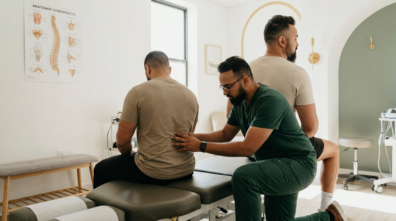 Dr. Patel in dark green scrubs examining a warehouse workers lower back in a modern chiropractic clinic. The patient is a muscular male in a plain t-shirt sitting on a treatment table. Wide angle landscape composition. Professional clinical setting with white walls and warm natural lighting. No white coat.

Dr. Patel is depicted as:  Adult South Asian man with a medium-to-deep warm brown skin tone and a strong, professional
  appearance. Oval to slightly long face, with a broad forehead, high hairline, and a well-defined
  beard that gives the lower face a stronger, more angular shape. Dark black hair with visible gray
  at the temples and sides, worn short on the sides in a fade/taper and longer on top, styled upward
   and back in a clean, voluminous quiff/pompadour. Hairline sits a bit high, with slight recession
  at the temples. Thick, dark, straight to gently arched eyebrows. Dark brown, medium-sized,
  slightly deep-set eyes with a calm, focused look. Medium width nose, straight in profile, with a
  rounded tip. Medium fullness lips, lower lip slightly fuller. Full, connected beard and mustache,
  mostly black with noticeable gray/silver strands, especially at the cheeks, sideburn area, and
  chin. Beard is shorter and neater on the cheeks and fuller/longer at the chin. Strong and
  masculine jawline. Solid and broad-shouldered, medium-to-stocky frame. Upright, composed, and
  confident posture. Keep realistic skin texture, natural pores, subtle under-eye detail, and
  authentic salt-and-pepper facial hair. Do not make the face overly smooth or overly youthful..

quiet luxury, soft cinematic lighting, warm palette, professional, clean composition. gold and muted warm green color tones.

Do not include: cartoon, clipart, stock photo watermark, neon colors, face distortion, white coat, lab coat, doctor coat.