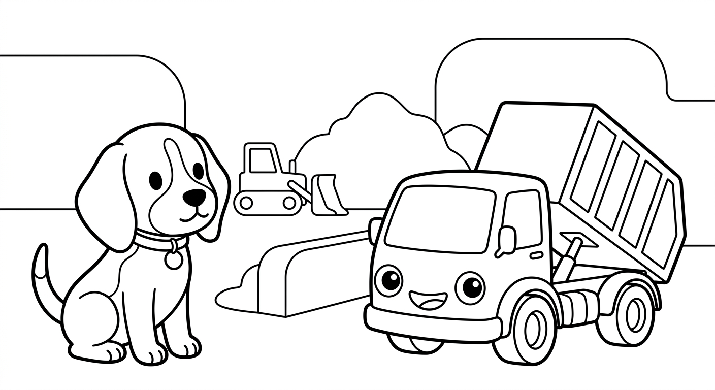 Black and white coloring book page for toddlers. The SAME chibi beagle puppy named Scout from the reference image, identical face and collar with the small round tag, sitting with tail up and alert, sitting alert and watching the trucks unload at the dump, next to/with one garbage truck tipping at a transfer station. The truck has a friendly face from its OWN parts: the round headlights are the eyes and the front grille is a smiling mouth, no cartoon eyes on the windshield. A simple scene with one big pile shape and a small bulldozer outline, no more than two or three background shapes, lots of white space. Clean SOLID bold black outlines, simple smooth rounded shapes, NO furry texture, pure white background, no shading, no gray, NO solid black fills anywhere, NO text or words or letters anywhere in the image, large open areas to color.
quiet luxury, soft cinematic lighting, warm palette, professional, clean composition. gold and muted warm green color tones.
Do not include: cartoon, clipart, stock photo watermark, neon colors, face distortion, white coat, lab coat, doctor coat.