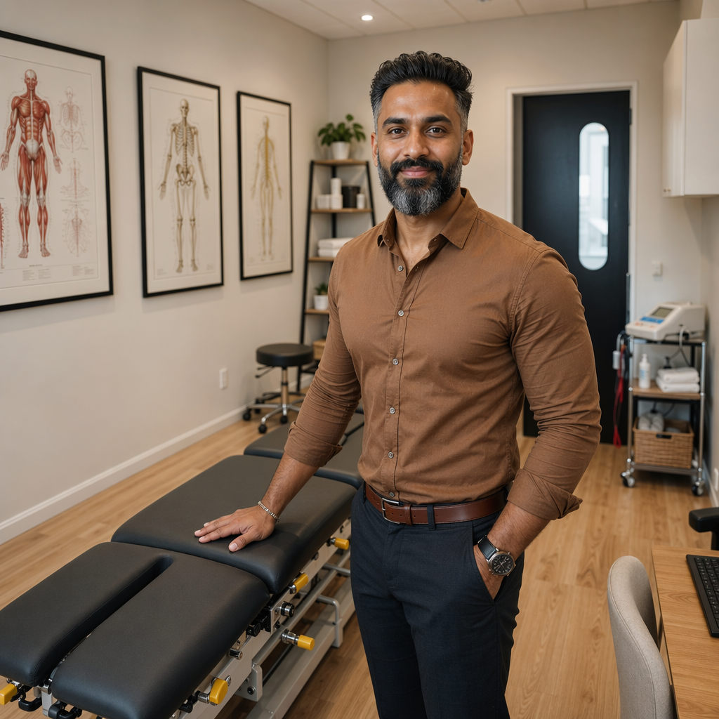 wide angle, landscape, no text, no signs, no writing, @drp (Dr. Priyank Patel), chiropractor, mid-shot portrait, face clearly in focus and prominent, lean athletic build, slim defined jawline, fit physique, standing in his Brooklyn chiropractic treatment room, wearing a warm-toned fitted button-down shirt (no white coat, no lab coat), relaxed confident posture, slight warm genuine smile, looking directly toward the camera, one hand resting naturally on the adjustment table, soft directional natural light from a nearby window, shallow depth of field with the treatment room softly visible behind, wood tones and neutral earth-tones in the background, muted sage green and warm gold BCC brand accents, editorial photography aesthetic, natural skin tones, approachable professional portrait, photorealistic Dr. Patel: Adult South Asian man with a medium-to-deep warm brown skin tone and a strong, professional appearance. Oval to slightly long face, with a broad forehead, high hairline, and a well-defined beard that gives the lower face a stronger, more angular shape. Dark black hair with visible gray at the temples and sides, worn short on the sides in a fade/taper and longer on top, styled upward and back in a clean, voluminous quiff/pompadour. Hairline sits a bit high, with slight recession at the temples. Thick, dark, straight to gently arched eyebrows. Dark brown, medium-sized, slightly deep-set eyes with a calm, focused look. Medium width nose, straight in profile, with a rounded tip. Medium fullness lips, lower lip slightly fuller. Full, connected beard and mustache, mostly black with noticeable gray/silver strands, especially at the cheeks, sideburn area, and chin. Beard is shorter and neater on the cheeks and fuller/longer at the chin. Strong and masculine jawline. Solid and broad-shouldered, medium-to-stocky frame. Upright, composed, and confident posture. Keep realistic skin texture, natural pores, subtle under-eye detail, and authentic salt-and-pepper facial hair. Do not make the face overly smooth or overly youthful. Treatment Room: A modern, narrow rectangular chiropractic treatment room with a clean, minimal, upscale clinical look. The room has bright matte white walls, a white ceiling, white baseboards, and light natural oak wood plank flooring with a soft warm tone. The overall design is simple, uncluttered, and professional, with a calm medical aesthetic rather than a spa aesthetic. The central focal point of the room is a premium chiropractic treatment table placed lengthwise in the middle of the room. The table has dark charcoal or deep gray padding, a light gray to off-white metal frame, and multiple bright yellow adjustment levers and handles. The table is large, segmented, and clearly a specialized chiropractic table, not a massage table. Along the main wall are three vertically oriented framed anatomy posters in thin black frames with white mats. The posters show classic medical anatomical illustrations, including the muscular system, skeletal system, and spinal nerves. They are evenly spaced and mounted in a straight horizontal row above and behind the table, creating a clean visual rhythm. Near the back corner of the room is a narrow leaning ladder shelf with a black metal frame and light wood shelves. The shelf holds a small number of clinical and office items such as tissues, paper towels, wipes, baskets, and small containers. Beside the shelf is a round rolling stool with a dark padded seat and chrome base. On one side of the room is a simple desk area with a light-colored office chair, computer equipment, and a few practical work items, but this area should remain secondary and not dominate the image. On the opposite end of the room is a white wall-mounted cabinet and a compact rolling clinical utility cart with electrotherapy or rehab equipment, folded towels, wires, and supplies. The room also includes a black door with a tall rounded-rectangle vertical window, adding a modern architectural detail. A few visible cords and small clinical devices are acceptable, but the room should still feel tidy, intentional, and professional. Lighting is bright, neutral-to-cool clinical overhead lighting with soft natural realism. The room should feel real, functional, and high-end, with clean lines, minimal decor, and a polished chiropractic practice atmosphere. quiet luxury, soft cinematic lighting, warm palette, professional, clean composition. gold and muted warm green color tones. Do not include: cartoon, clipart, stock photo watermark, neon colors, face distortion, white coat, lab coat, doctor coat.

quiet luxury, soft cinematic lighting, warm palette, professional, clean composition. gold and muted warm green color tones.

Do not include: cartoon, clipart, stock photo watermark, neon colors, face distortion, white coat, lab coat, doctor coat.