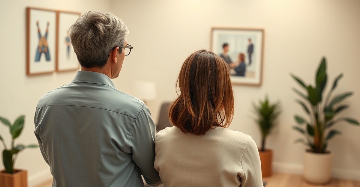 Photorealistic candid blog hero for a plain-English guide to pinched nerves. An adult woman sits upright in a modern chiropractic consultation room, shown from a rear three-quarter angle with a mildly guarded neck posture. A chiropractor stands nearby speaking with her, but there is no physical contact or treatment pose. Frame both people from the shoulders and upper torso so every hand is completely outside the crop. Realistic anatomy and natural body proportions. Wide landscape composition. No text, logos, signage, medical diagrams, watermark, or visible hands.
quiet luxury, soft cinematic lighting, warm palette, professional, clean composition. gold and muted warm green color tones.
Do not include: cartoon, clipart, stock photo watermark, neon colors, face distortion, white coat, lab coat, doctor coat.